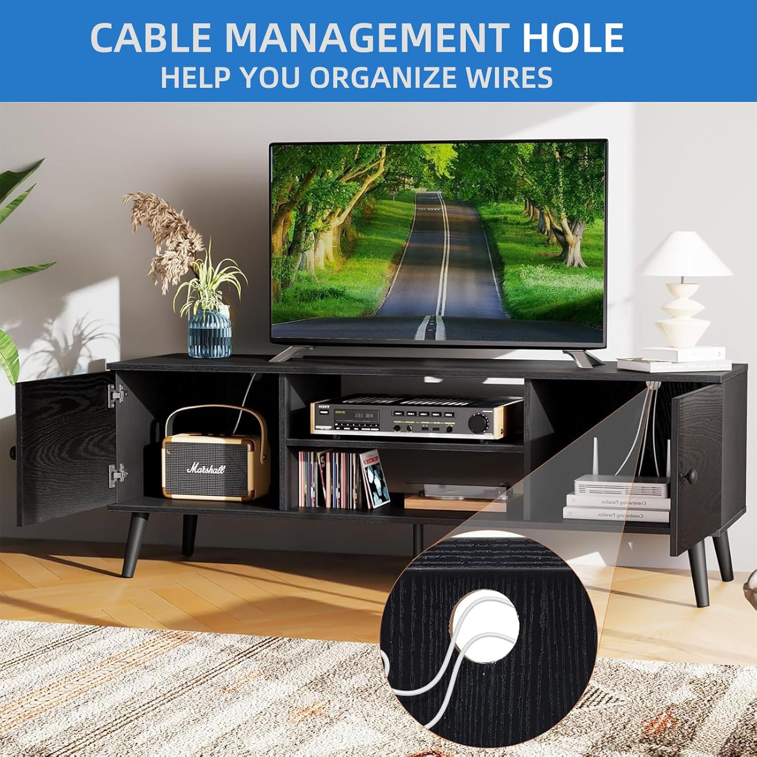 TV Stand for up to 60 inch TVs, Wooden TV Entertainment Center with Storage Cabinet and Soft Hinge Door, Modern TV Media Console Table for Living Room Bedroom Office Furniture, Black - Image 6