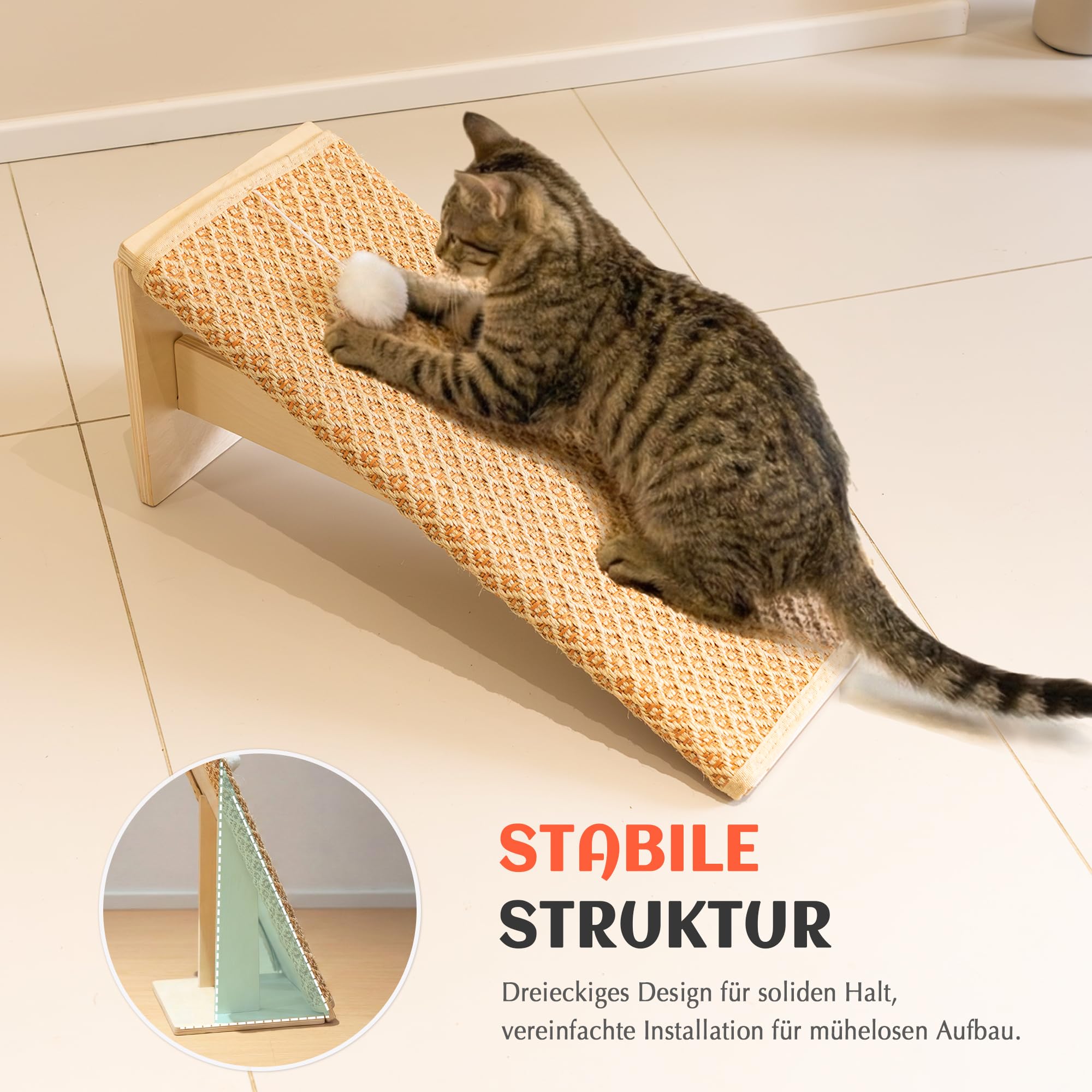PETKARAY Kratzbrett Katze, 65 cm Kratzsäule aus natürlichem Sisal mit Rampe, stabiles L-förmiges Katzen-Kratzmöbel zum Schutz von Möbeln, Kratzbrett für Wohnungskatzen