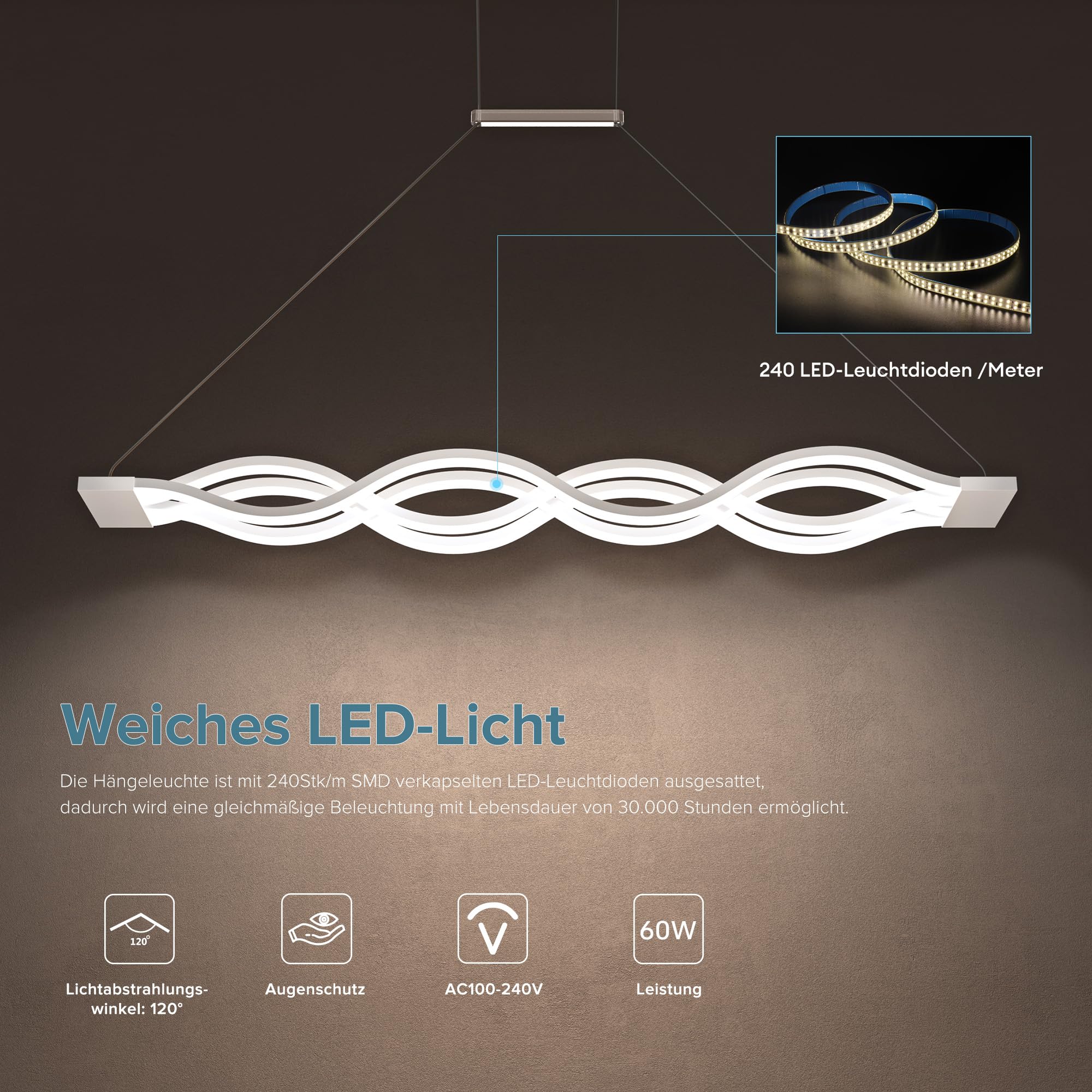 doporro Pendelleuchte Esstisch LED 60W Dimmbar mit Fernbedienung Weiß | Hängelampe Esstisch Höhenverstellbare Esszimmerlampe Intelligente Nachtlicht-& Speicherfunktion für Wohnzimmer, Alivetta3301