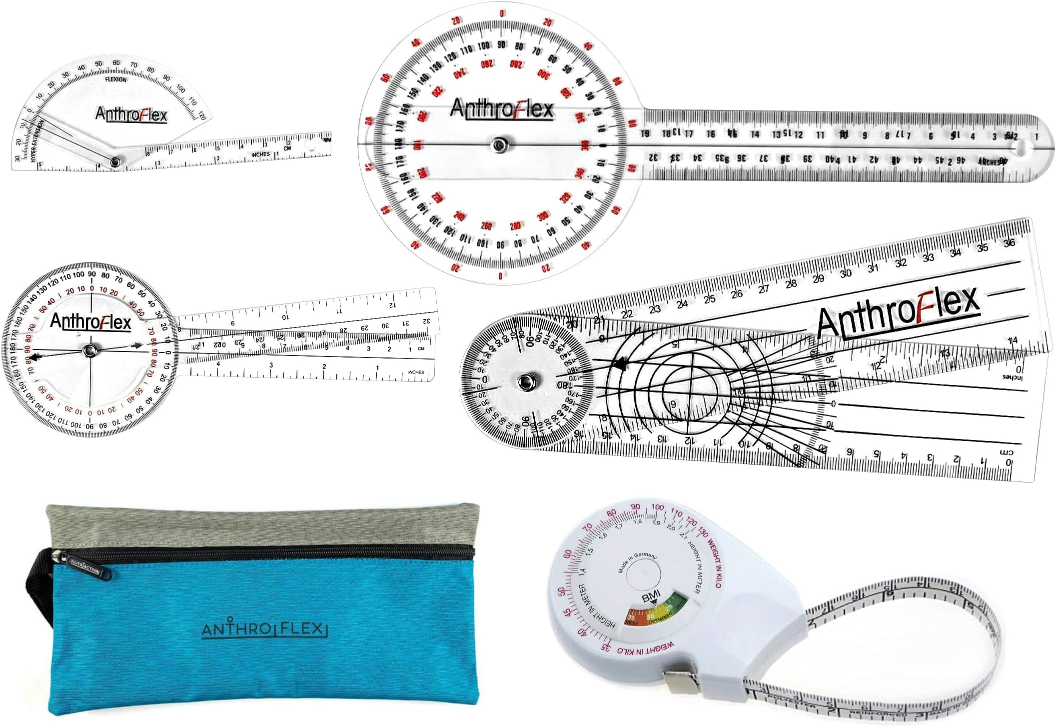 AnthroFlexKit 6 Piece, Goniometer Set with 4 Goniometers, Tape Measure, Transport Bag