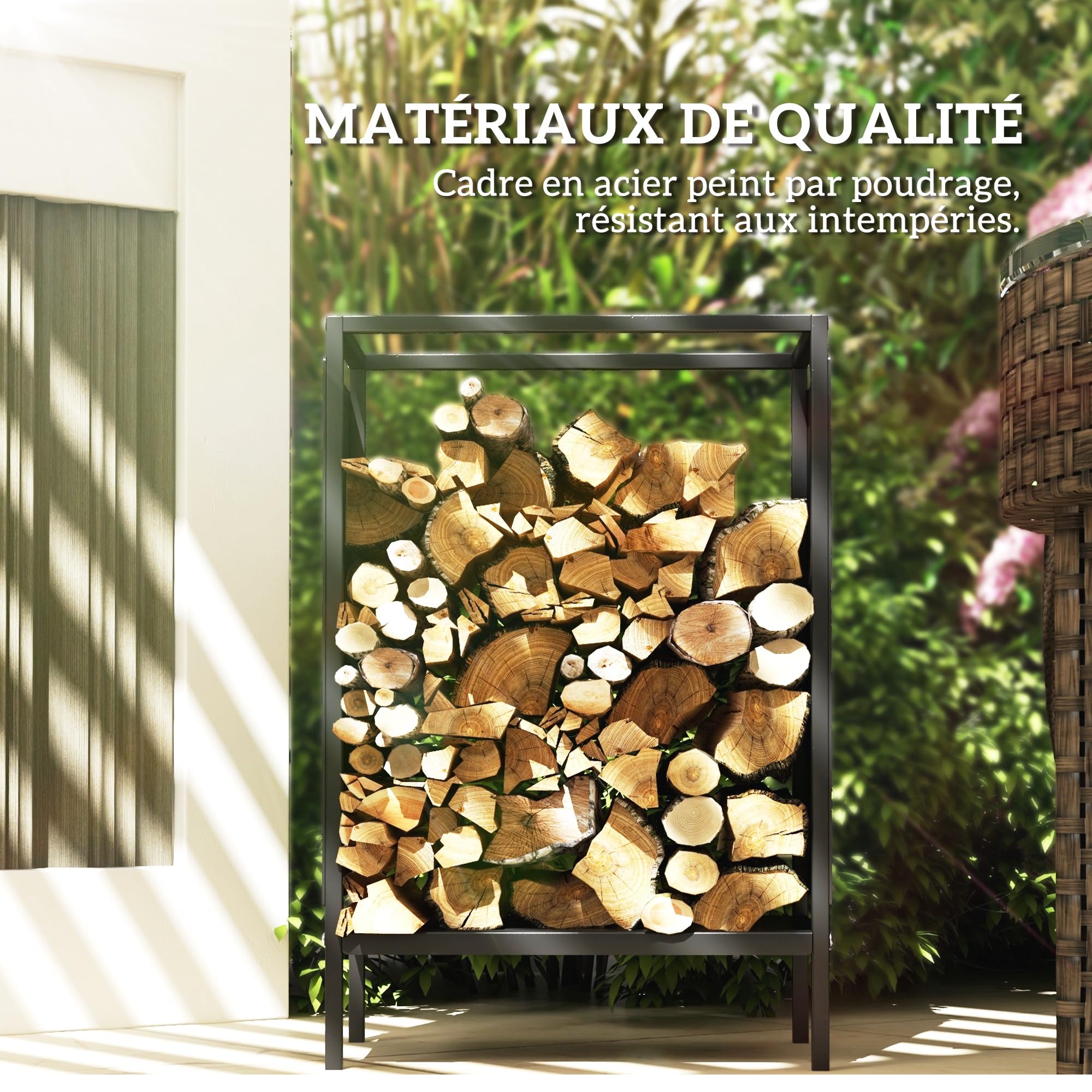 Outsunny Range bûche interieur porte bûche de cheminée support de bois de chauffage pour intérieur extérieur, rack de stockage en acier, 44 x 28 x 65 cm, noir