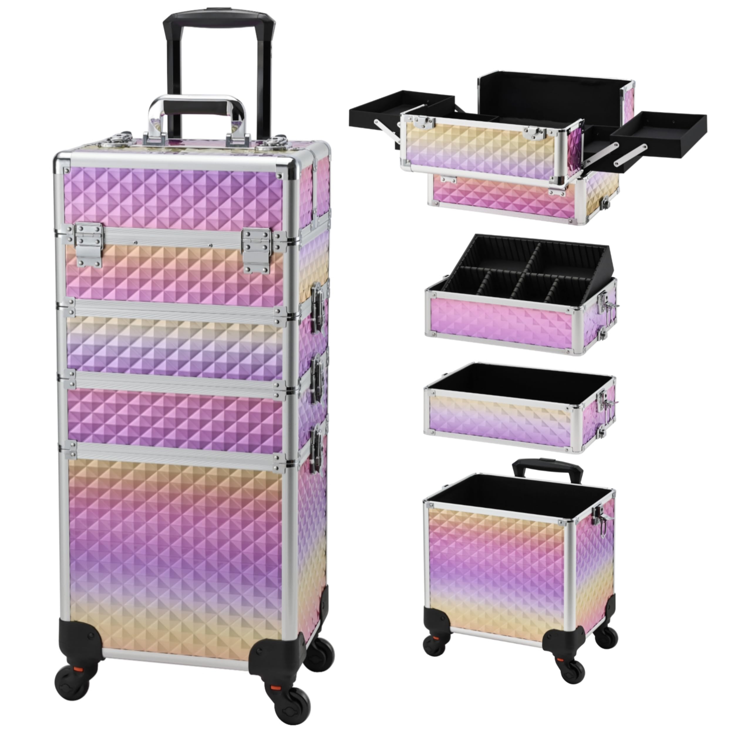 Yueieoun Makeup Case on Wheels, Rolling Train Case, 4-in-1 Makeup Trolley, Cosmetic Cases Makeup Travel Cart with Key for MUA, Hairstylists, Nail Tech