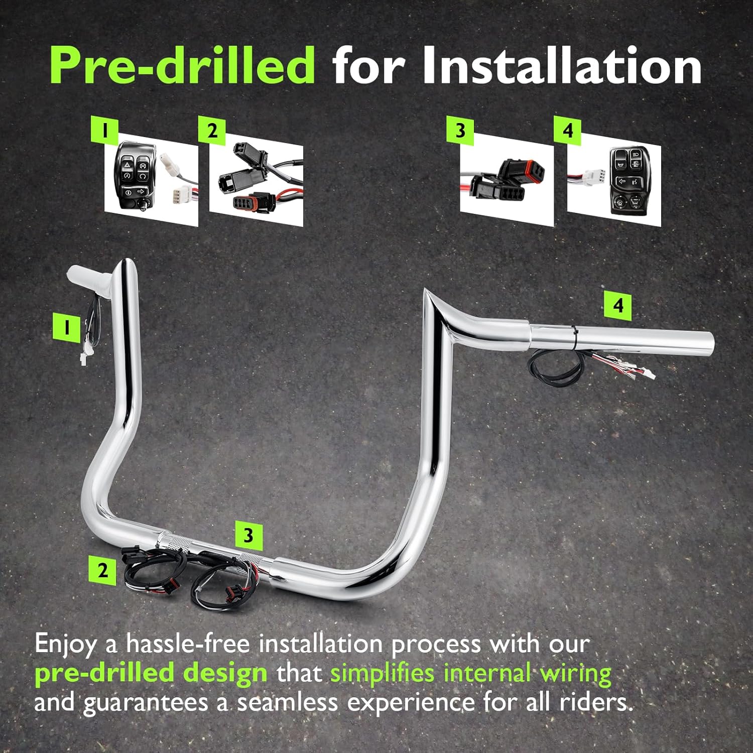 Mofun 10" Pre-wired Handlebars 1 1/4" Ape Hangers Meathook Ape Bar With Batwing Fairing Compatible with Harley Bagger Touring Street Glide Electra Tri Glide Ultra Limited 2014-2023 Chrome