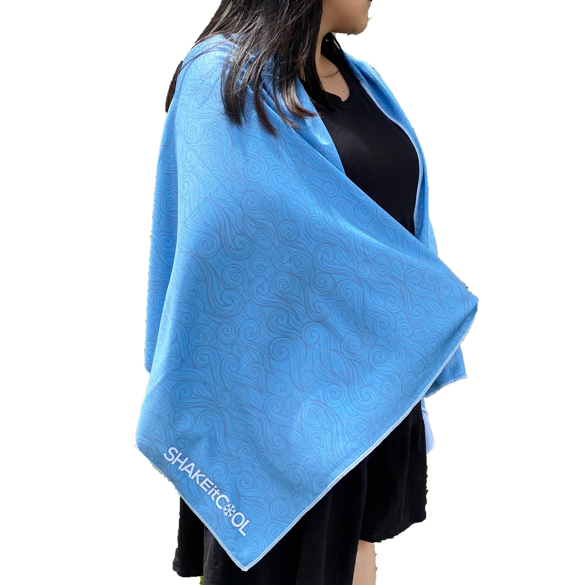 SHAKEitCOOL Large Cooling Shawl - Instant Heat Relief for Outdoor Events - Soft, Lightweight, Breathable, UPF40 Sun Protection, Machine Washable, Fashion Prints, Cooling Towel - Curly Wave L