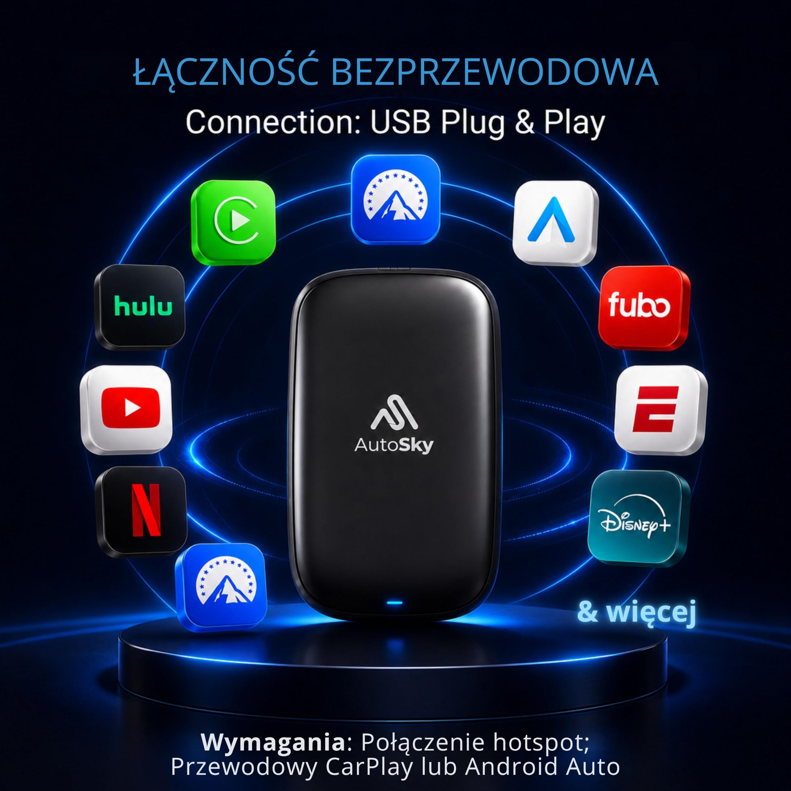 AUTOSKY AI Box Lite Flex – Bezprzewodowy adapter Apple CarPlay i Android Auto z aplikacjami streamingowymi (Netflix, Disney+, Prime Video i więcej) – Plug & Play