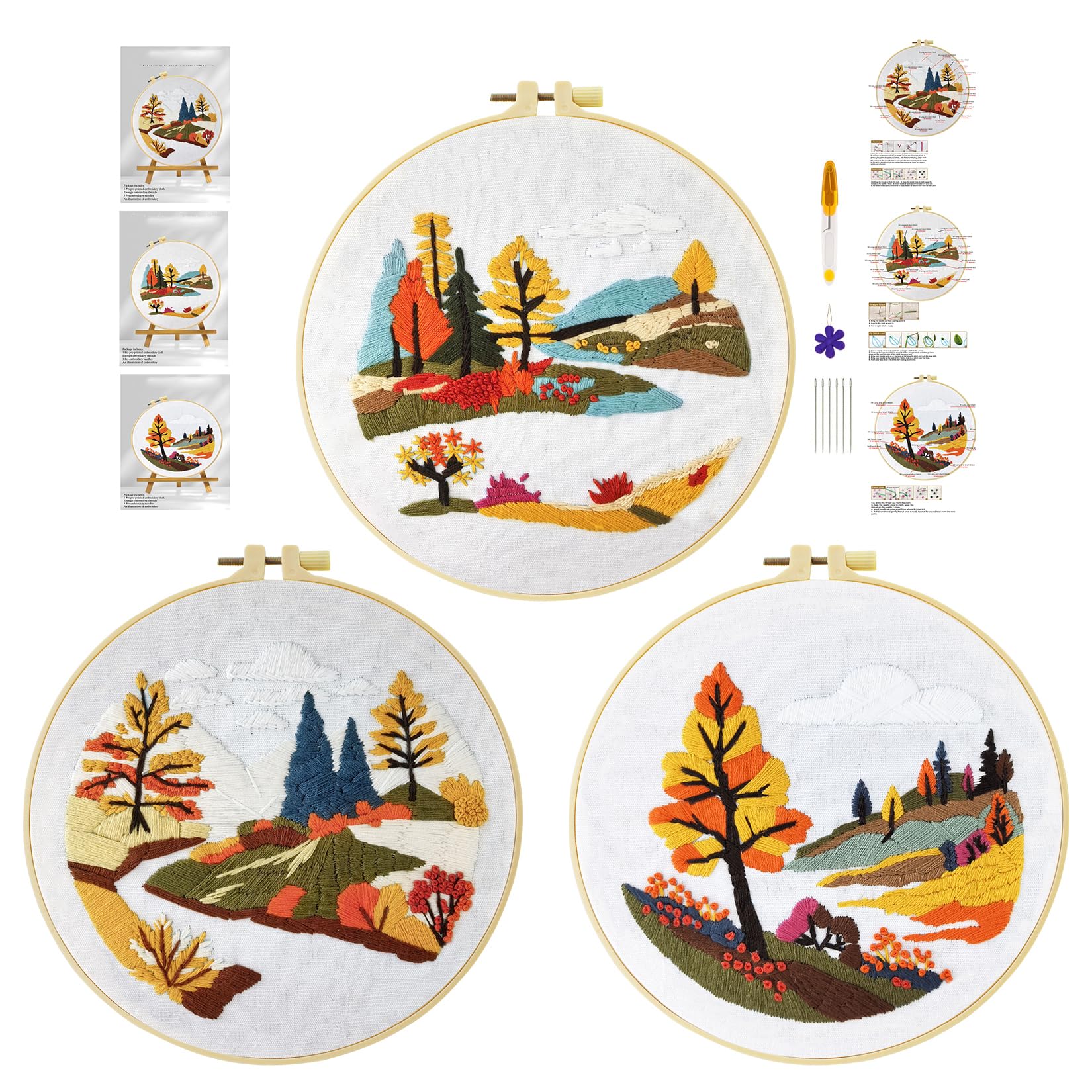 cukol cukol Embroidery Kit for Beginners 3 Set Advanced Embroidery Starter Kit for Adults Easy Streamside Landscape Pre Printed Stamped Cross Stitch Gift for Relaxation Craft Lovers or Home Decor