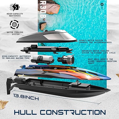 Miniatura 2 de ALPHAREV Barco RC - R308 32+ KPH - Barco de control remoto rápido para piscina y lago con maleta portátil, barcos RC de carreras de 2.4 GHz para