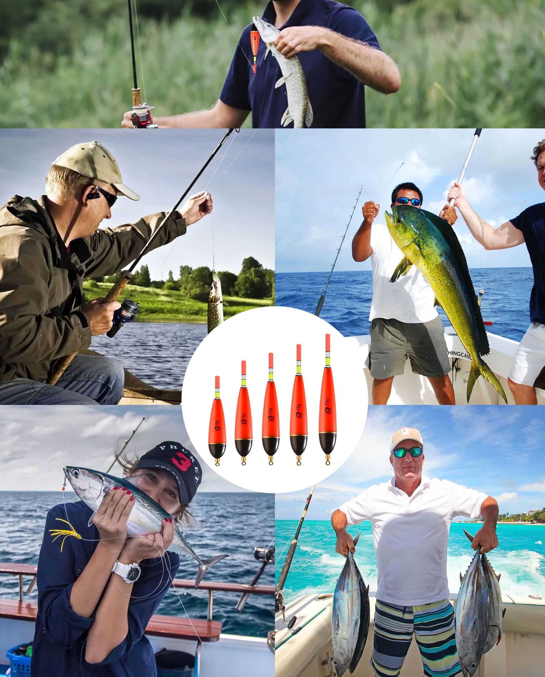 Conjunto 5 Piezas Boyas de Pesca Plásticas Flotadores Pesca Variados Pesos 5g 8g 10g 12g 15g Accesorios Pesca Duraderos para Agua Dulce Carpa Lucio Perca Principiantes y Profesionales