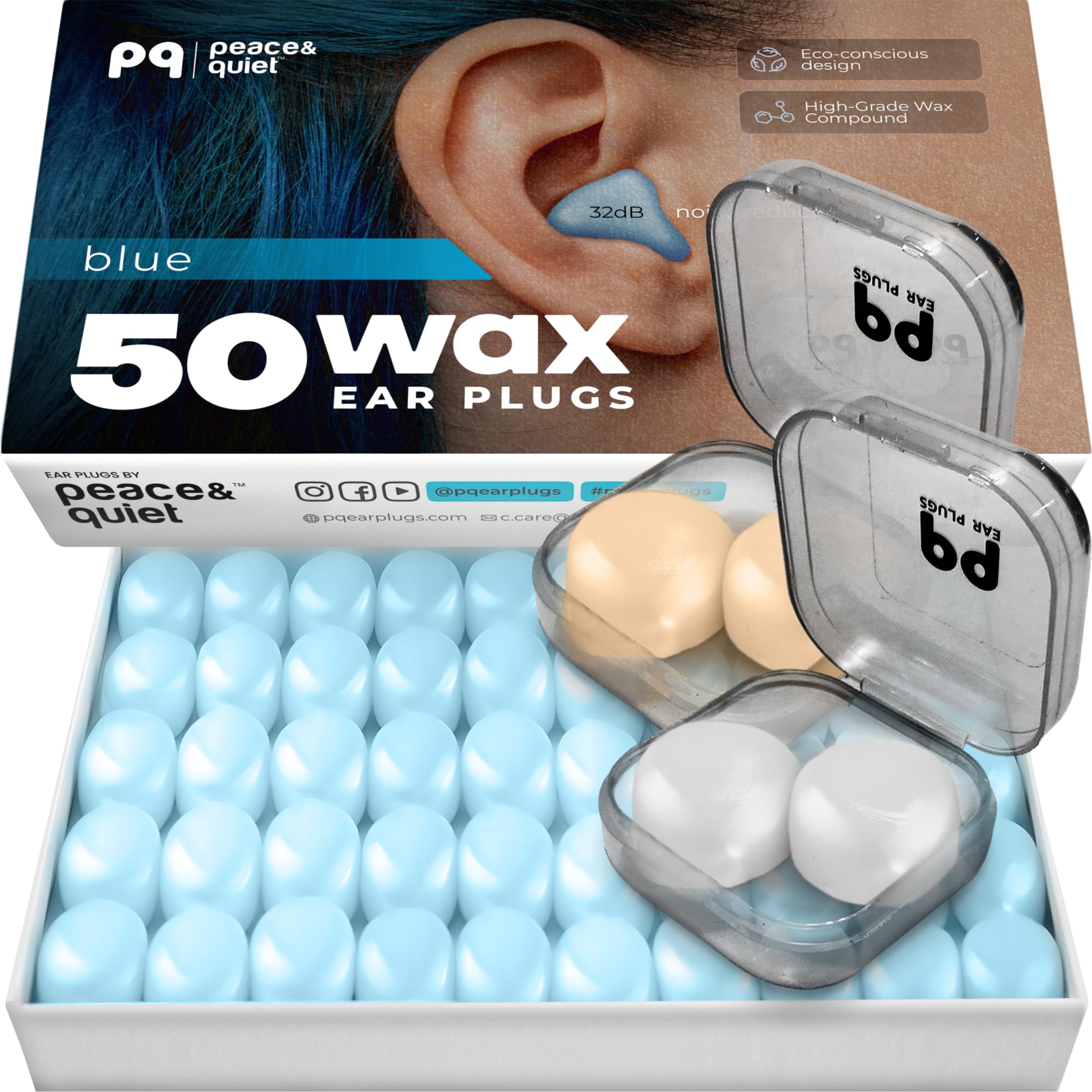 PQ Wax Ear Plugs for Sleeping, Swimming - 50 Noise Cancelling Silicone Gel Wax Earplugs, Ear Protection for Sleep and Swim, Soft Wax Pillows with Sound Blocking Level 32Db, (50 Pillows), Color: Blue