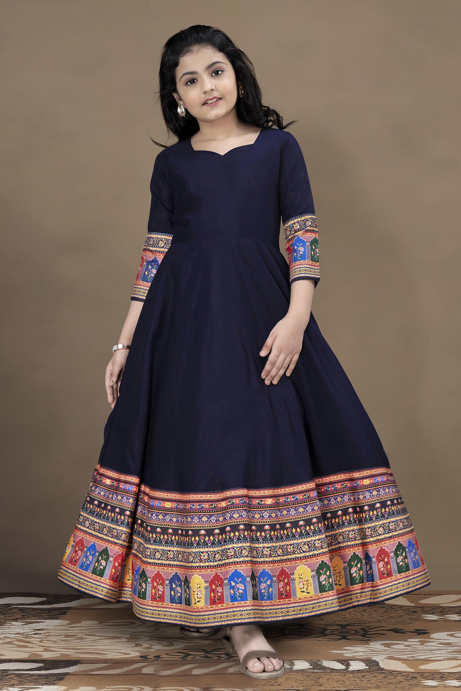 Fashion Dream Girls Crepe Silk Maxi Length Printed Dress |Traditional Long Dress|Gown for Kids (FDGDRS00131 NBL 40_Navy Blue_13-14 Years) 3
