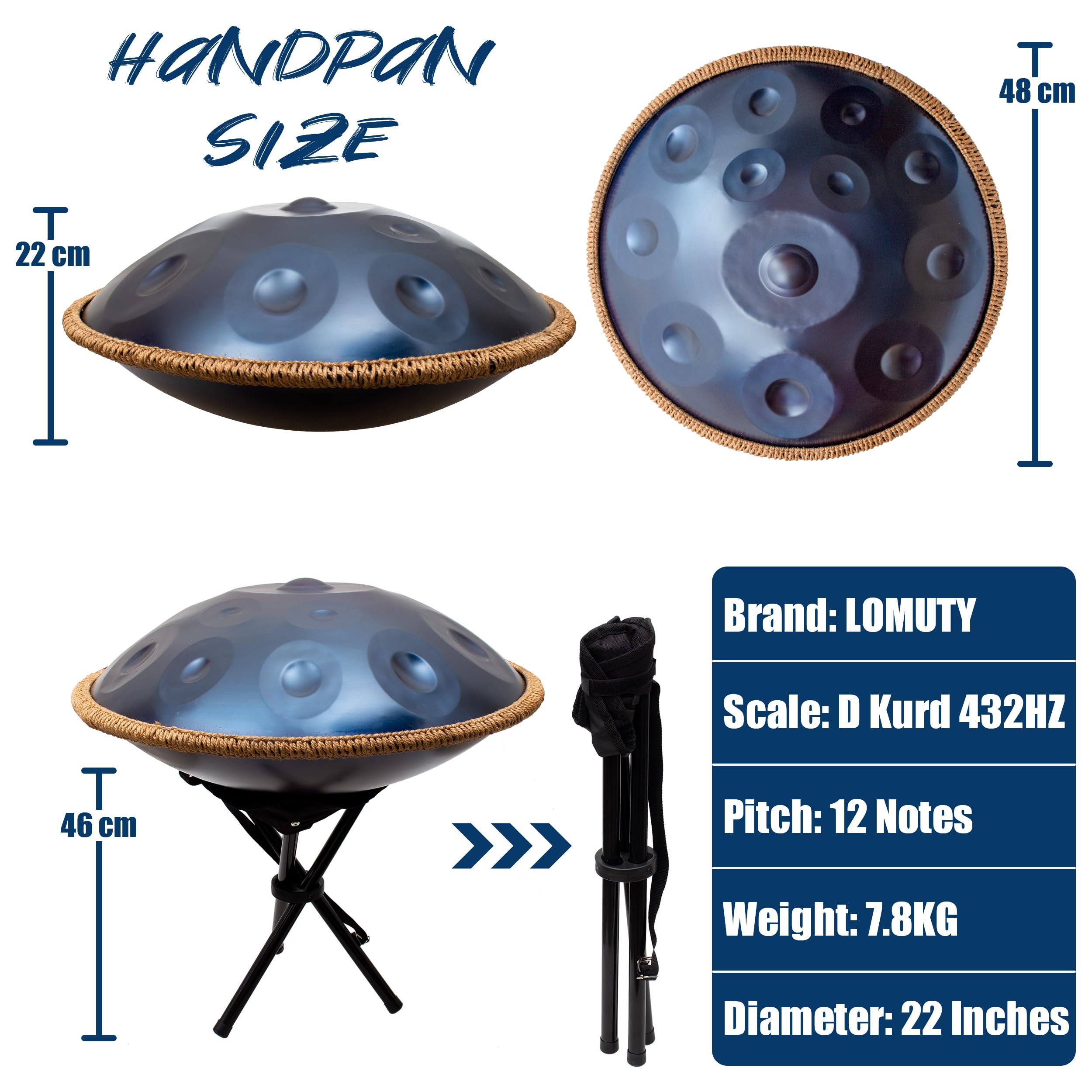 Handpan Drum, 12 Töne D-Moll 432HZ 22 Zoll Steeldrum, Blau