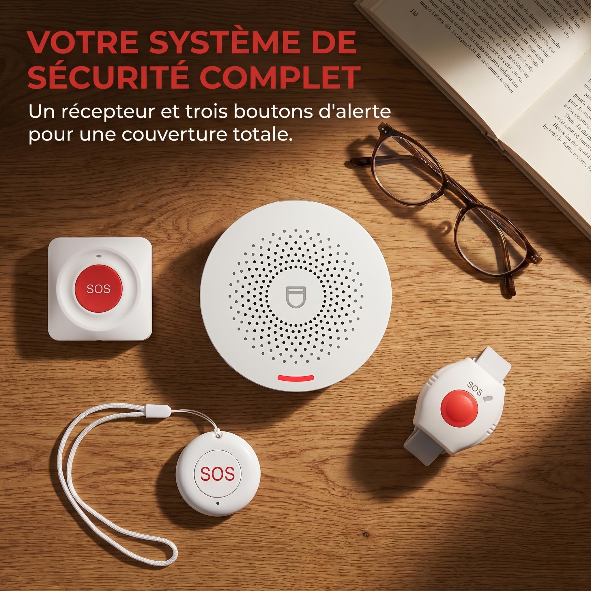 Bracelet Alarme Personne Agee avec WiFi – Utilisation sans Abonnement, Étanche IP55, Alarme Interne avec Notification Via Application, Volume Réglable (Pack de 4 Produits)