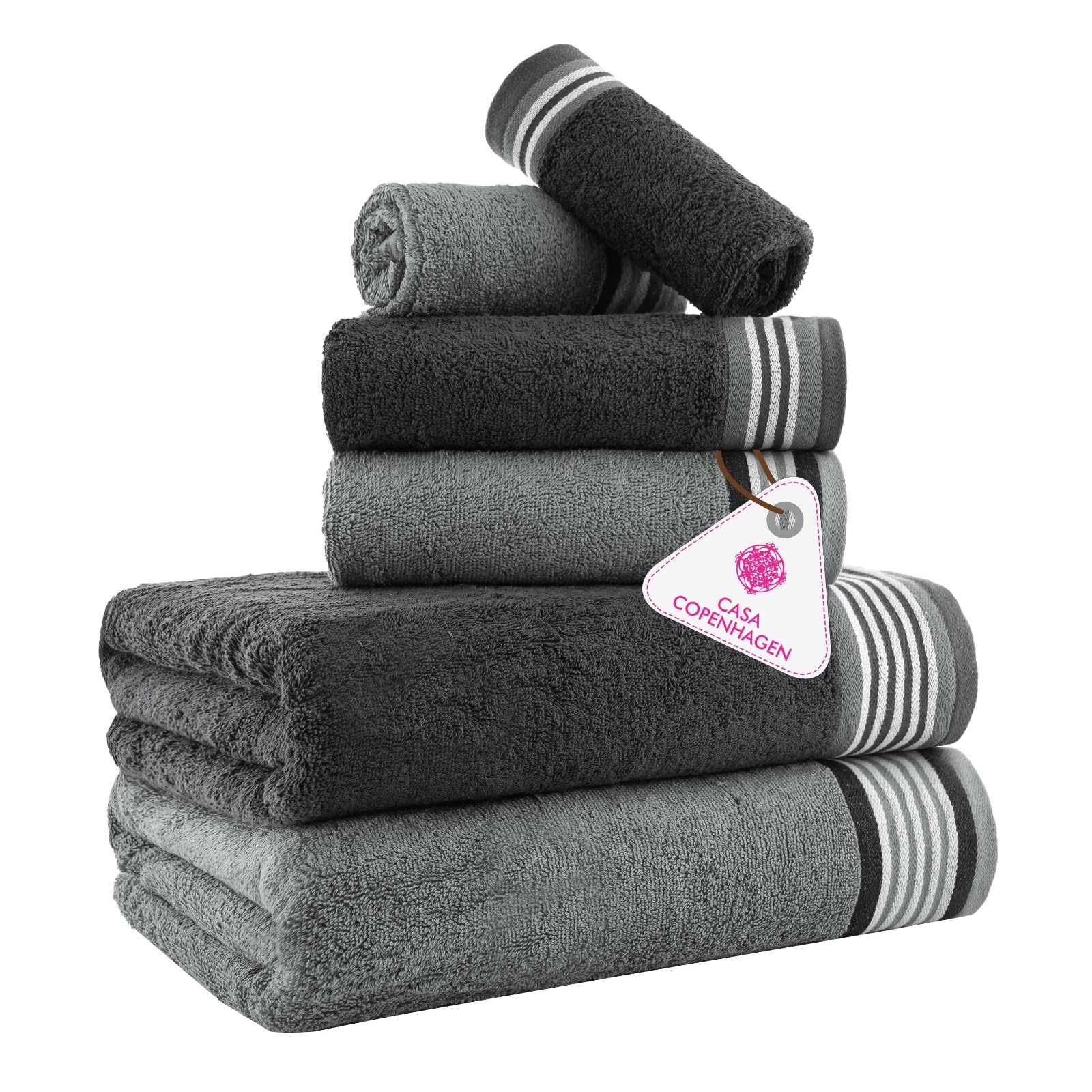 CASA COPENHAGEN Set di asciugamani da 6 pezzi, grigio pino + grigio-viola, 550 g/m², 2 da bagno, 2 per le mani, 2 salviette in morbido cotone egiziano per bagno, cucina e doccia