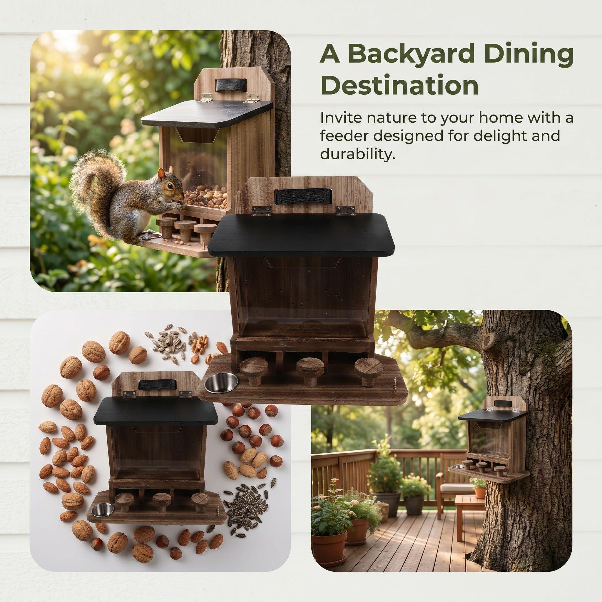 Zerodeko Mangiatoia per scoiattoli di legno da esterno - Scatola di alimentazione per scoiattoli striati in legno carbonizzato - 33x32x14 cm Stazione di alimentazione da montare su albero per