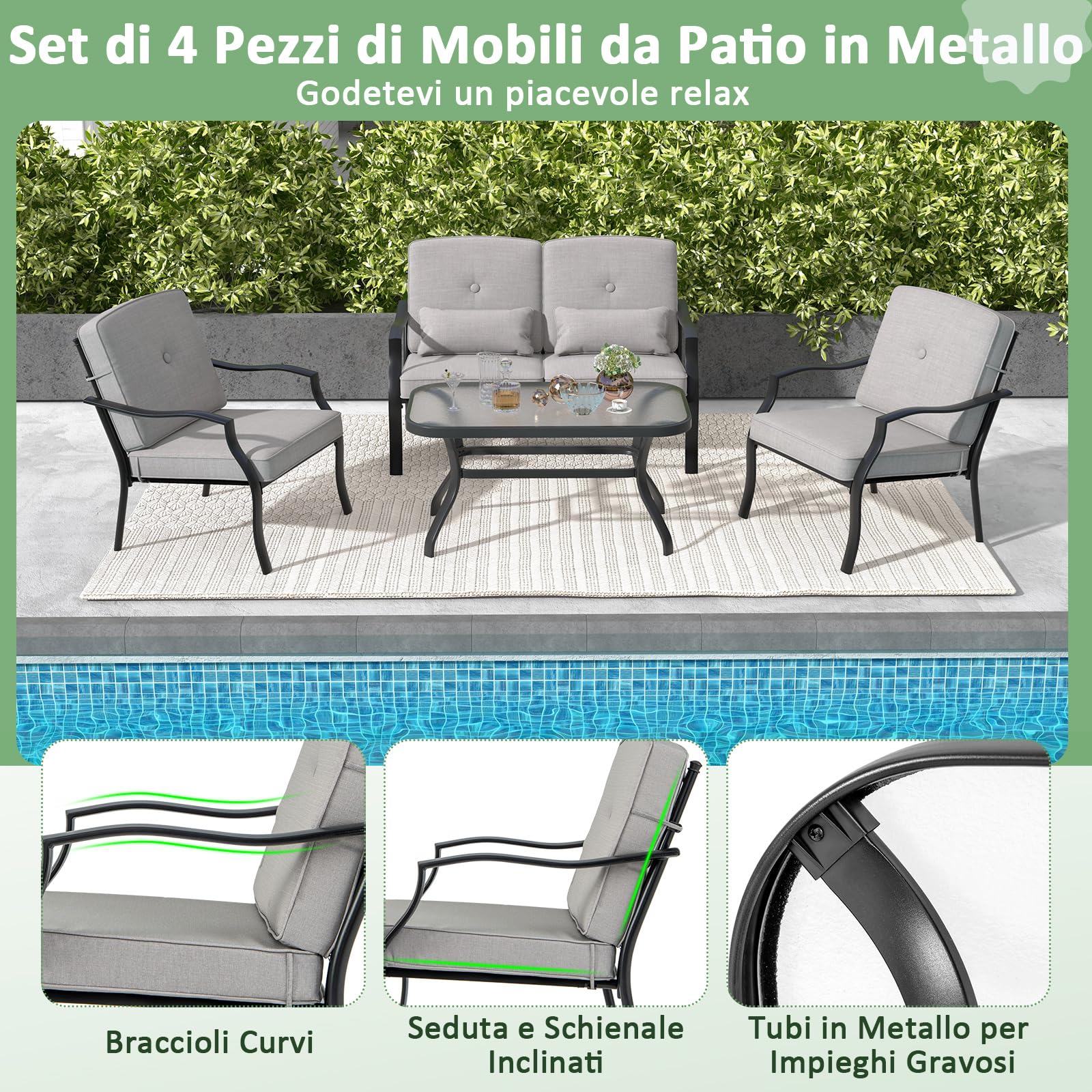 GYMAX Set di Mobili, 1 Tavolino in Vetro Temperato, 2 Poltrone e 1 Divano, Telaio in Metallo, con Cuscino, Aspetto Moderno per Soggiorno, Giardino, Grigio (Grigio)