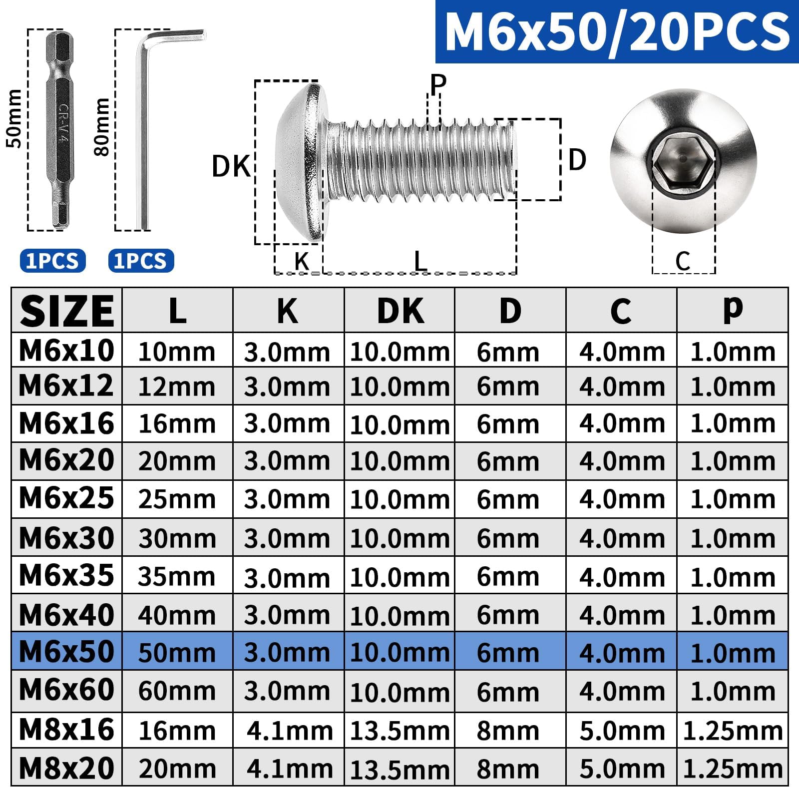 XRXYMQ M6 Bolts 20 Pcs Bolt M6 x 50 mm Hex Socket Button Head Screws Stainless Steel Bolts A2 Machine Screw for Home Furniture Wood Assembly Repair Industrial Electronic - Image 2