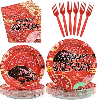 Grencian 96 Pcs Hibachi Party Decorations Folding Fans Birthday Party Supplies Disposable Japanese Fans Paper Plates Tableware for Birthday Hibachi Japanese Party Decorations Serves 24
