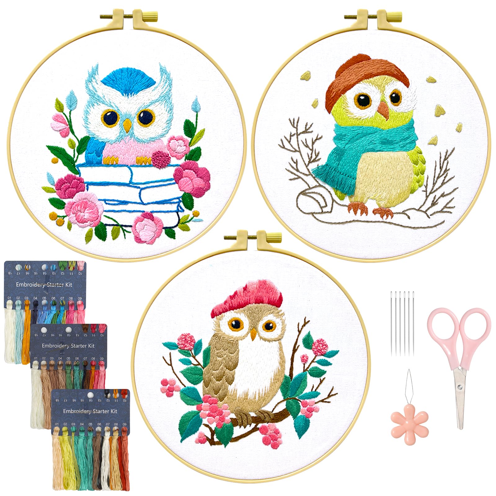 ASTNIC 3PCS Embroidery Kit for Adults Beginners, DIY Cross Stitch Kits with Owl Pattern, Hoop, Threads, Needles, Starter Stitch Craft Set, Craft Embroidery Kits for Room Decor, Gifts for Women