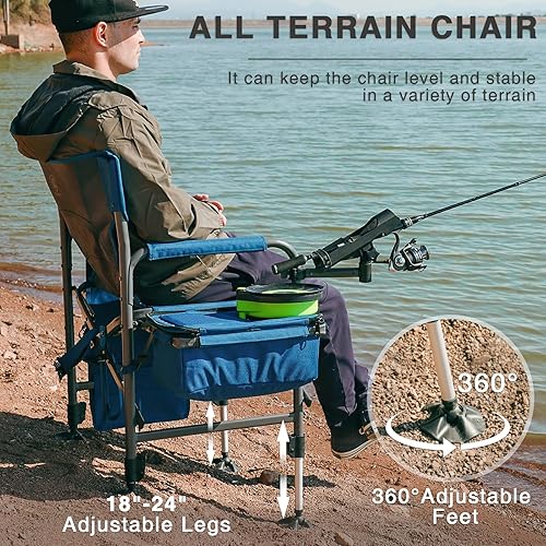 Miniatura 2 de EVER ADVANCED Silla de pesca con soporte para caña y enfriador, silla de pesca en hielo todo terreno con pies ajustables, respaldo de malla plegable