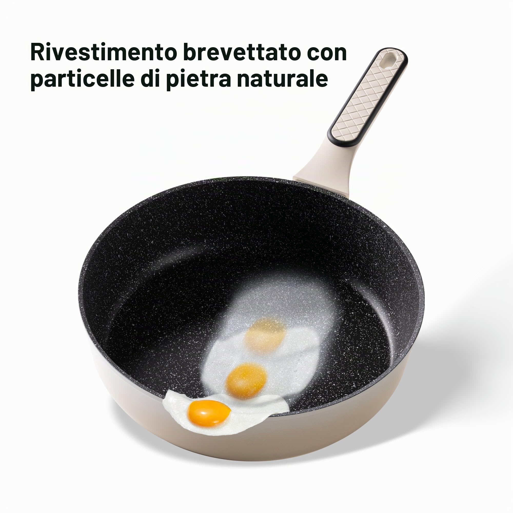 STONELINE Padella Alta 28 cm Con Coperchio, Antiaderente, Grande a Bordi Alti, Rivestimento Con Vere Particelle di Pietra, a Induzione, Tutti i Piani Cottura, Colore Crema