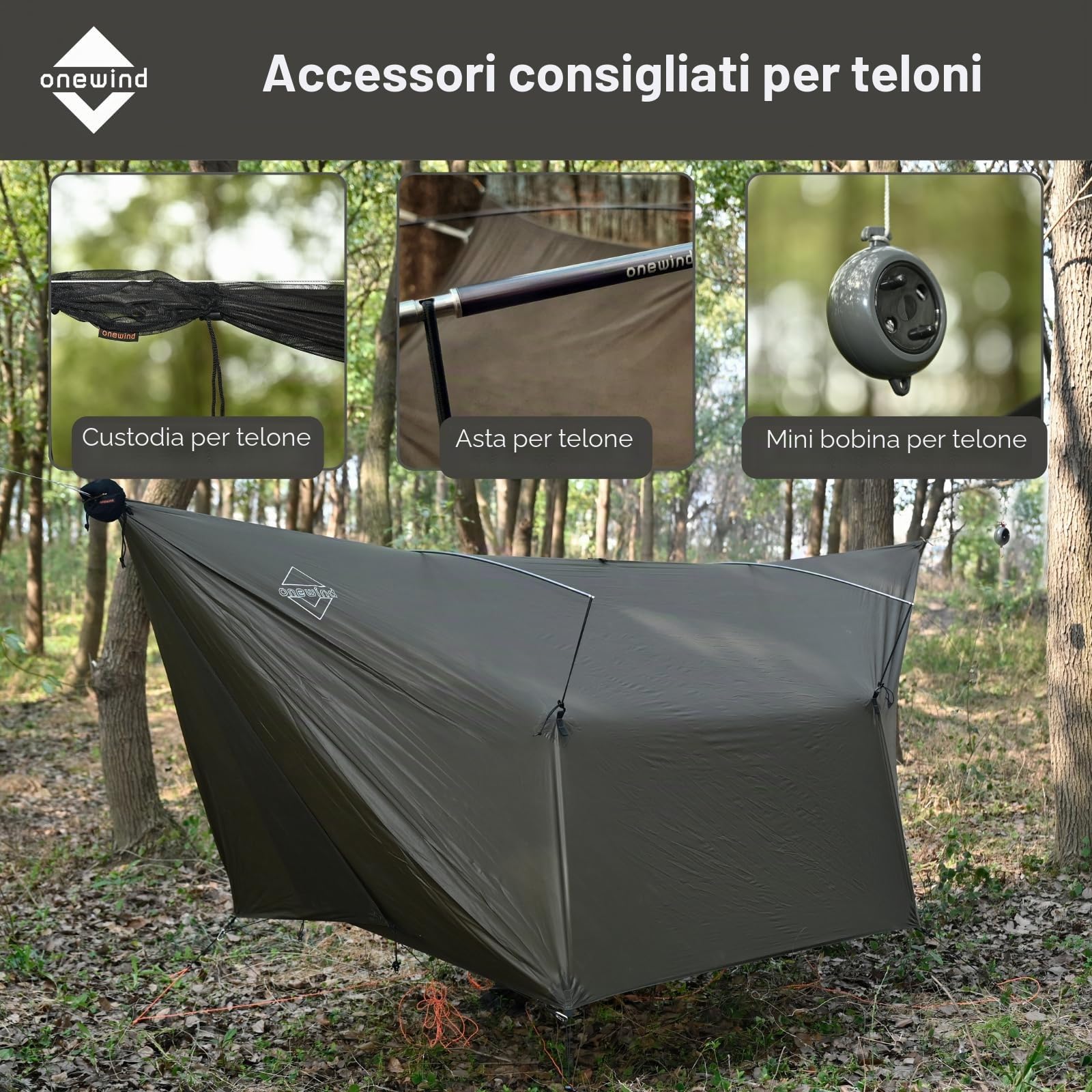 onewind Telone per amaca, impermeabile, ultraleggero, grande copertura con porte, portatile, per bushcraft invernale, tenda, tutti gli accessori inclusi (verde oliva1, 365 x 295 cm)