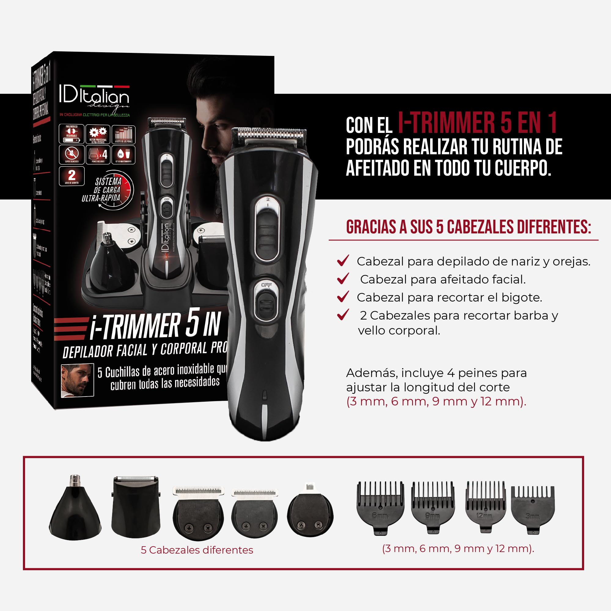 Italian Design I-Trimmer 5 in 1 Depilatore Viso e Corpo – Rasoio Elettrico Multifunzione per Donna – Rifinitore Precisione per Sopracciglia, Baffetti e Corpo