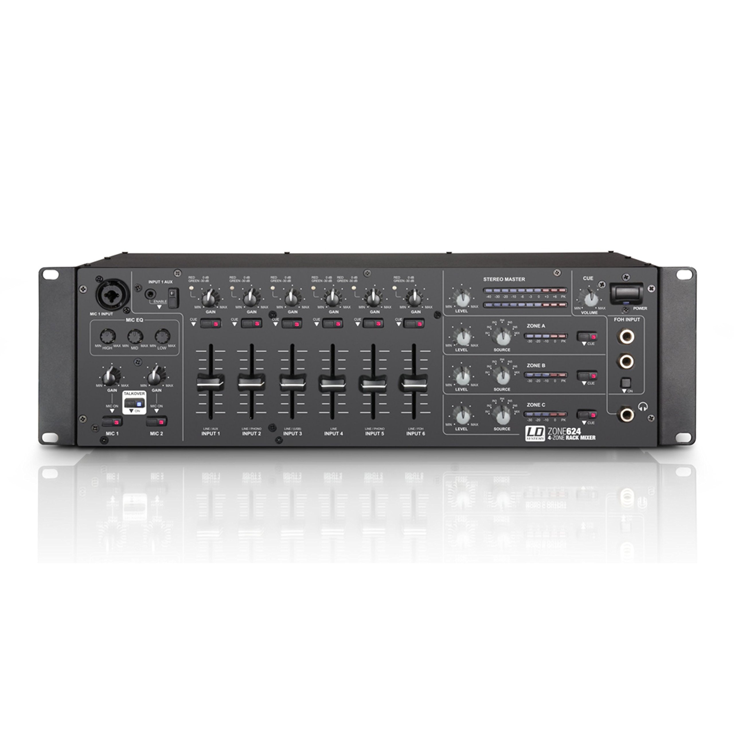 LD Systems ZONE 624-19" 4-Zonen Mixer mit 2 Mikrofonkanälen und 3HE, schwarz