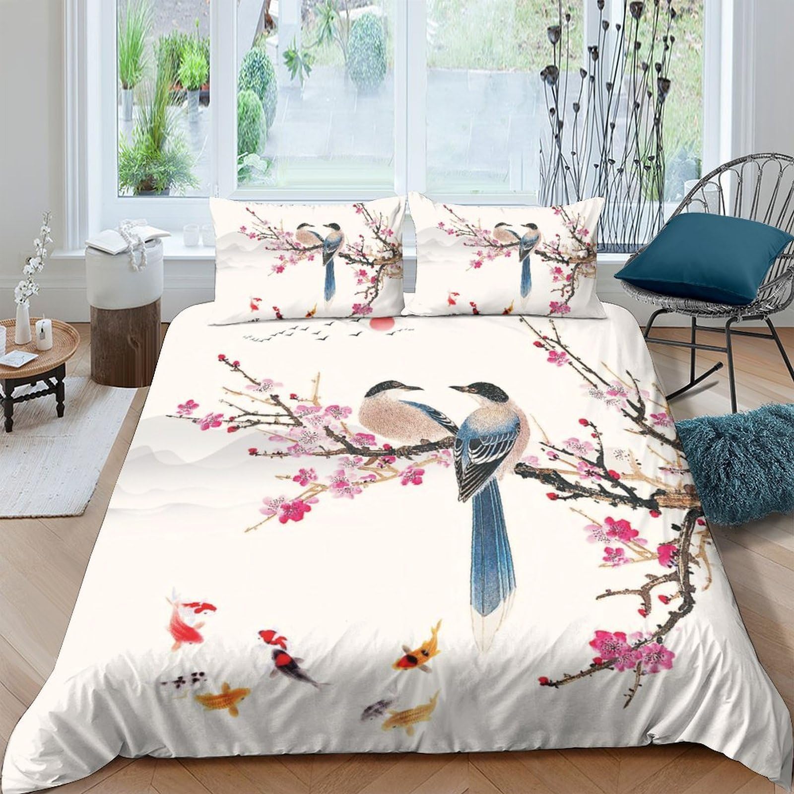 Ctjqhvkz Style-10 3D Printed Blossom Birds Fitted Sheet Microfiber Soft Anti-Slip Sakura Branch Bed Cover For Bedroom Decor Single（135X200cm）