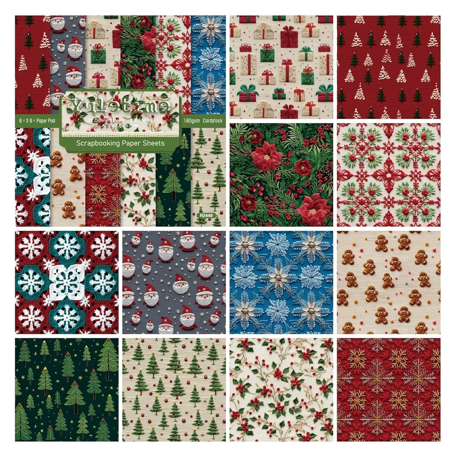 Tło albumu, blok do scrapbookingu, 24 arkusze 6"x6", faktura tkaniny, wydruki świąteczne, jednostronne, 160 g/m2, na święta