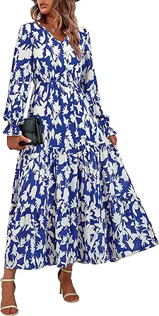 BTFBM Women Fall Dresses 2025 Casual Long Sleeve V Neck Maxi Dresses Floral Boho Long Dress Wedding Guest Dress