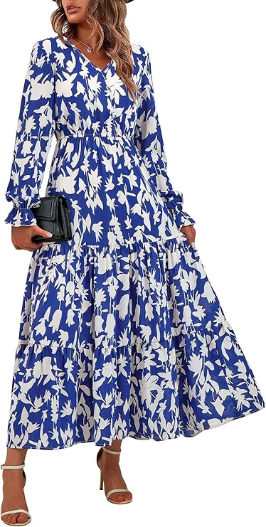 BTFBM Women Fall Dresses 2025 Casual Long Sleeve V Neck Maxi Dresses Floral Boho Long Dress Wedding Guest Dress