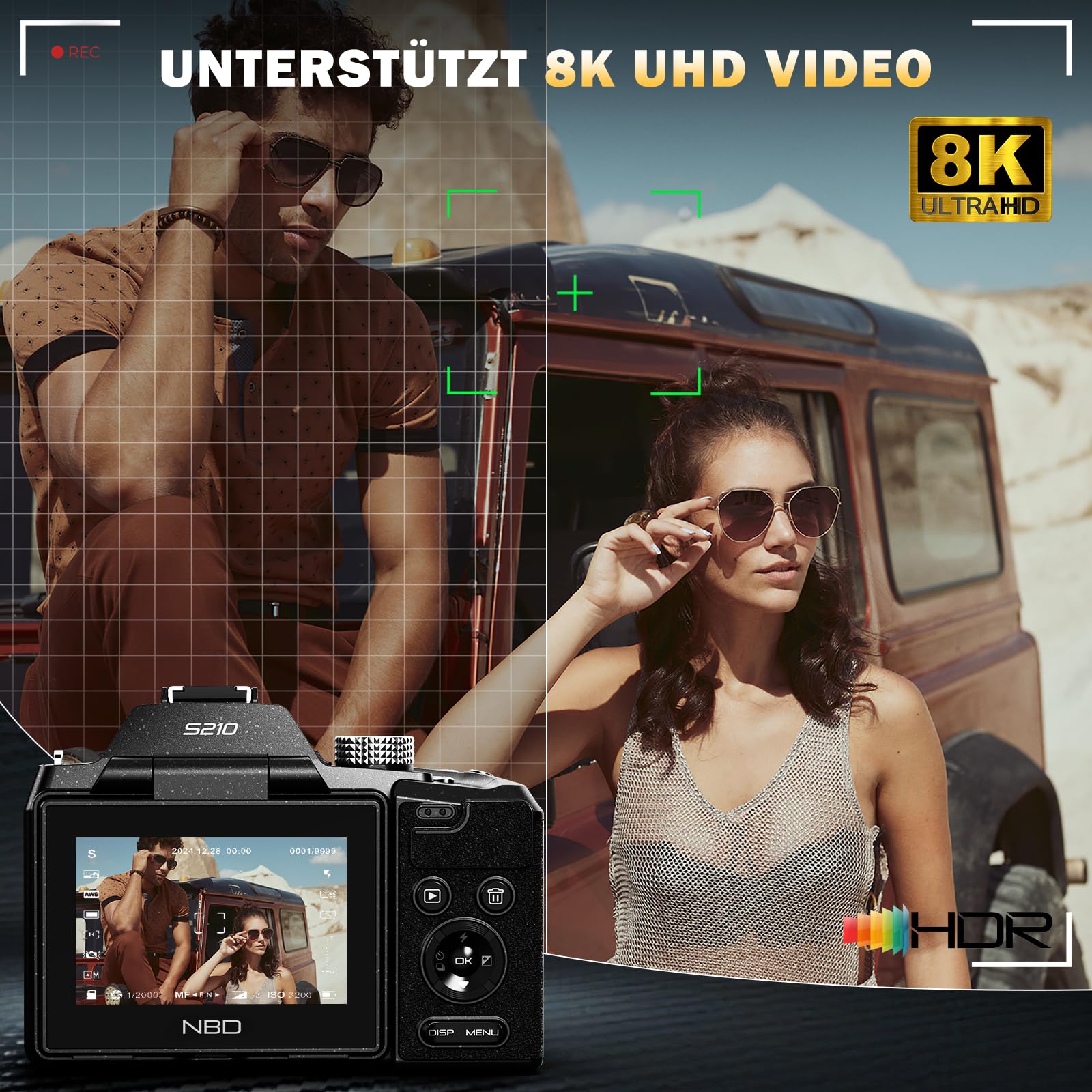 NBD 8K Digitalkamera 64MP mit 16X Optischem Zoom & Hot Shoe, 3" 180° Drehdisplay, Wi-Fi, v. 64GB TF-Karte + Wartungskit (Schwarz)