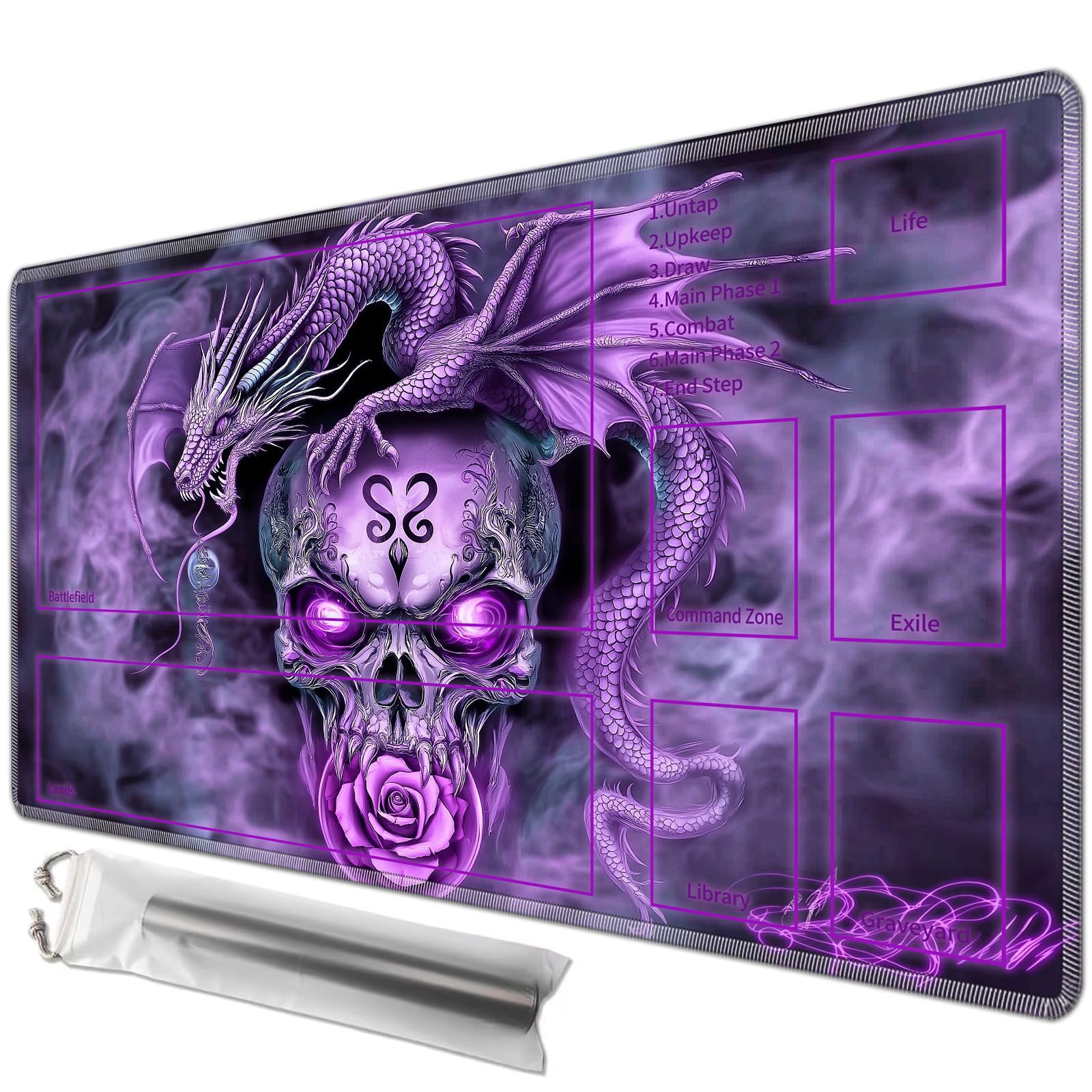 JANENFNA Playmat 24" x 14" with Magic Zones for MTG Card Game Playing, Board Game Mat for Card Breaking Commander Deck Gaming Card Game Battles Mat with Storage Bags, Purple Dragon Skull Rose — image 1