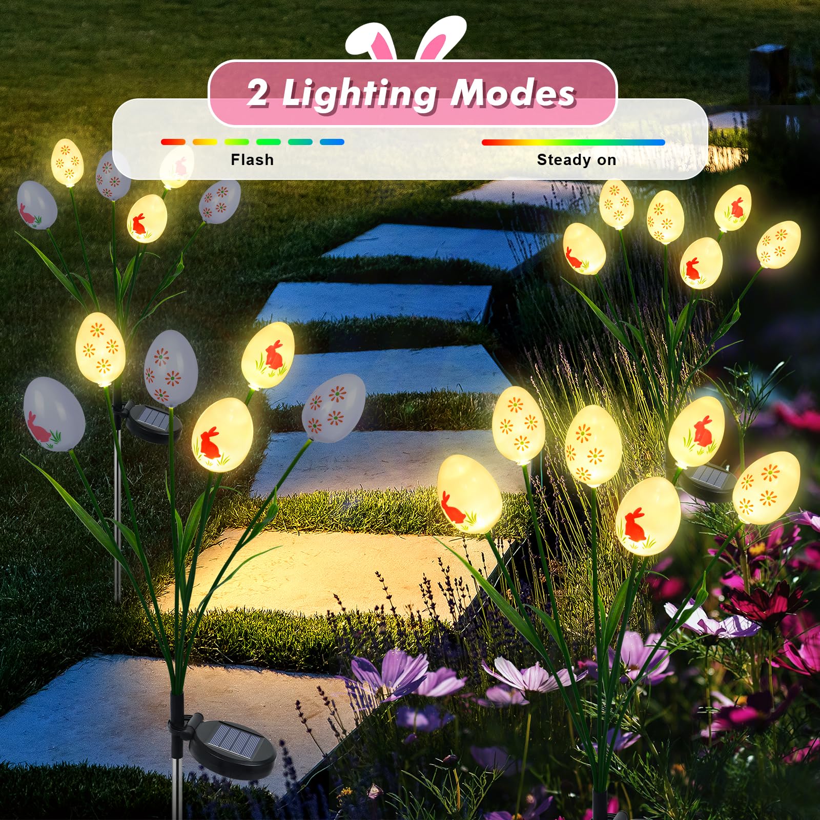 Easter Decoration Solar Lights for Outdoor Garden 2 Pack 12LED Easter Eggs with Rabbit Pattern - Image 4