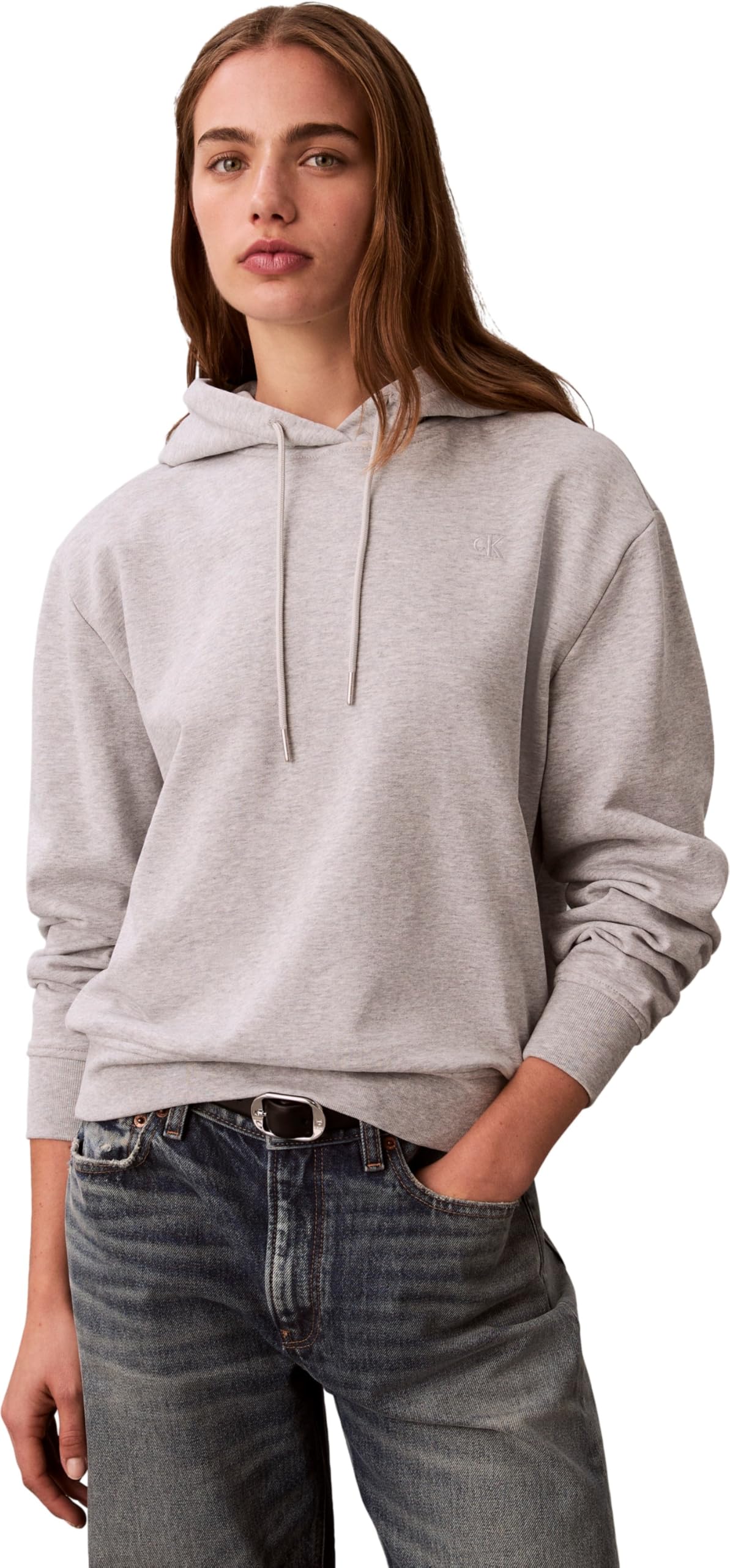 Calvin Klein Women's LS FRENCH TERRY PO HOODIE LV047C224G Sweatshirts, GREY (History Heather), M