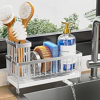 Sponge Holder for Kitchen Sink, Stainless Steel Silver Sink Caddy with High Brush Holder, Organzier Rustproof Dish Organizer, Soap Dispenser Storage, Kitchen Accessories for Organization