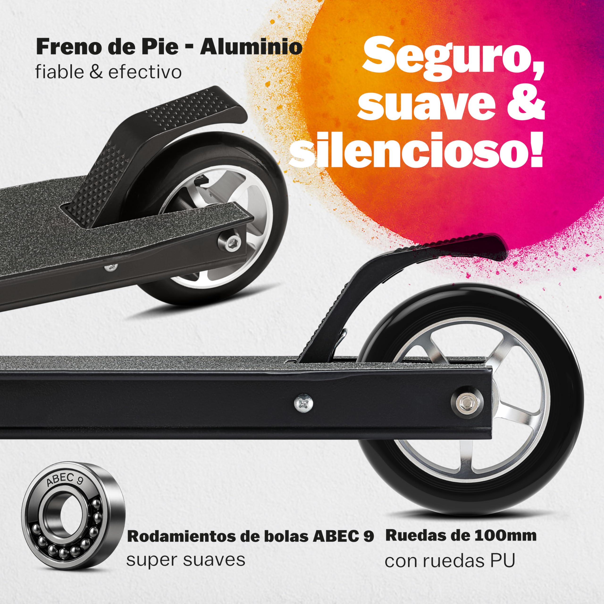 Patinete de Acrobacias Ruedas PU 100mm Manillar Y 360° Capacidad 100KG Rodamientos ABEC 9 Scooter Adultos y Niños