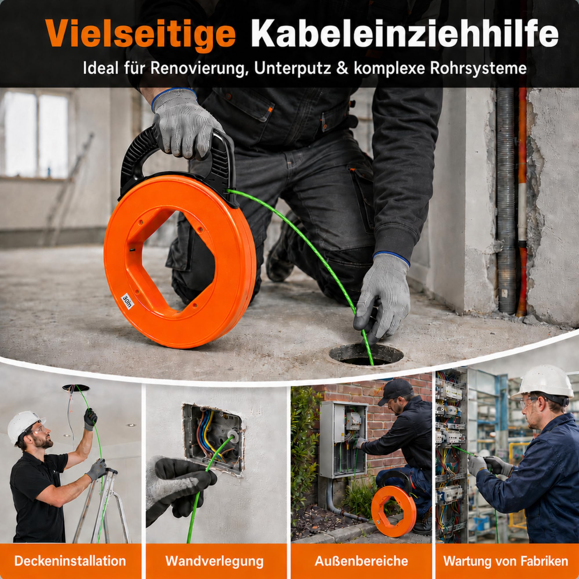 Aiguille tire-fil 30 m avec boîtier de rangement, tire-câble électrique