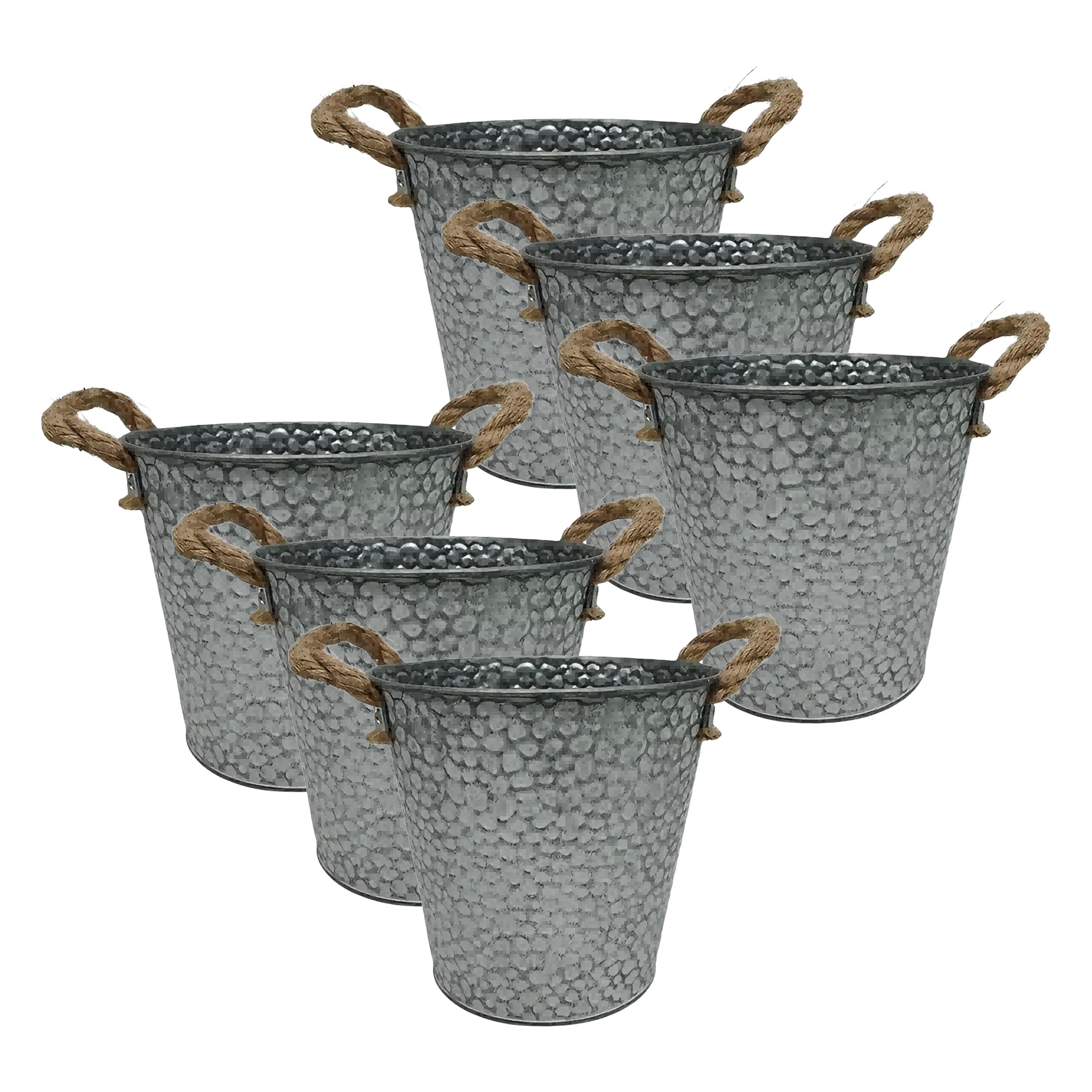 Relaxdays Flower Pot Set, 6 Planters, Vintage Style, H x D: 16 x 15 cm, Herb Pot with Handle, Iron & Jute, Silver