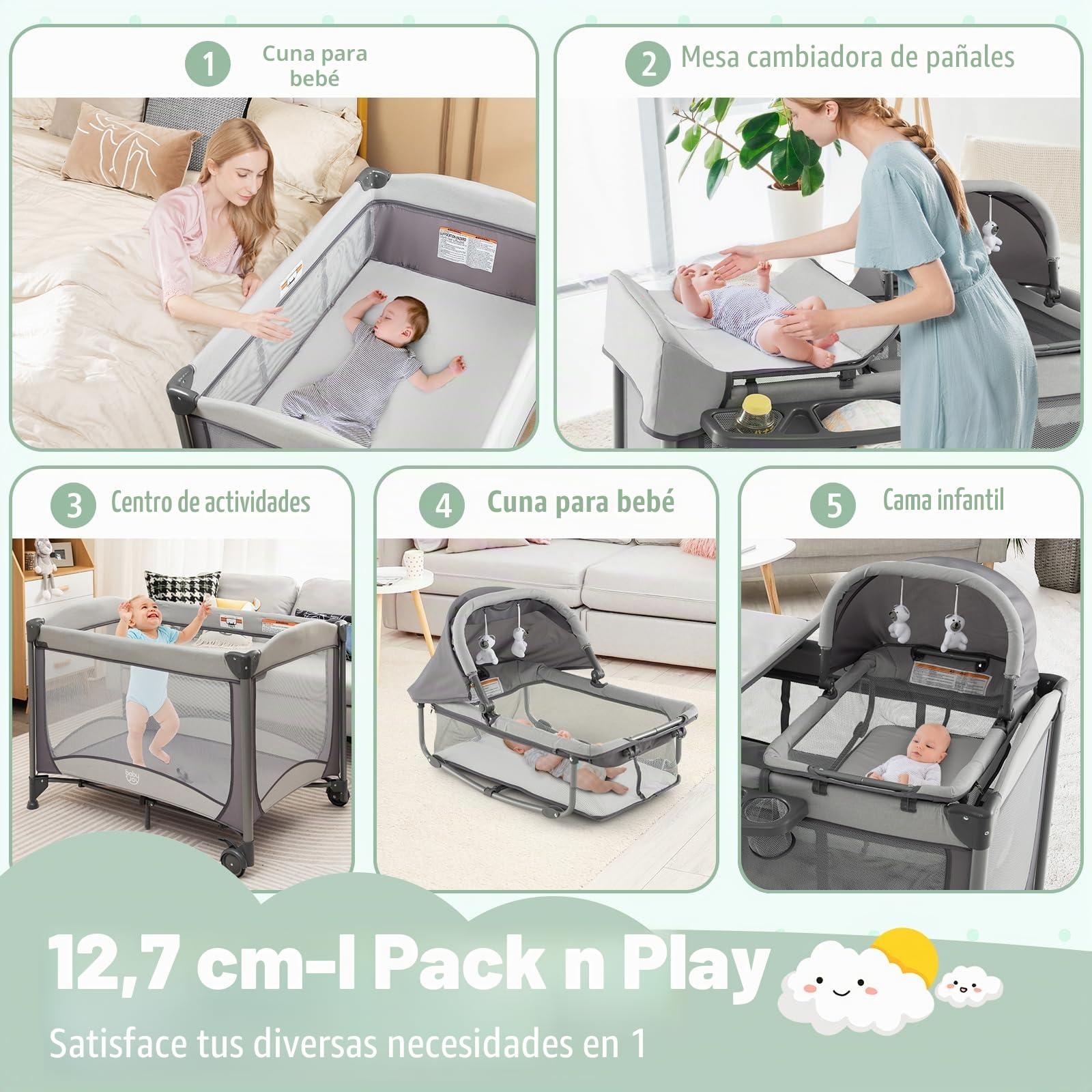 GOPLUS Cuna de viaje 5 en 1 con cambiador, colchón grueso, cama de viaje plegable para bebé con paredes laterales ventiladas, bolsa de transporte, cuna con dosel, parque para bebés de 0 a 36 m (gris)