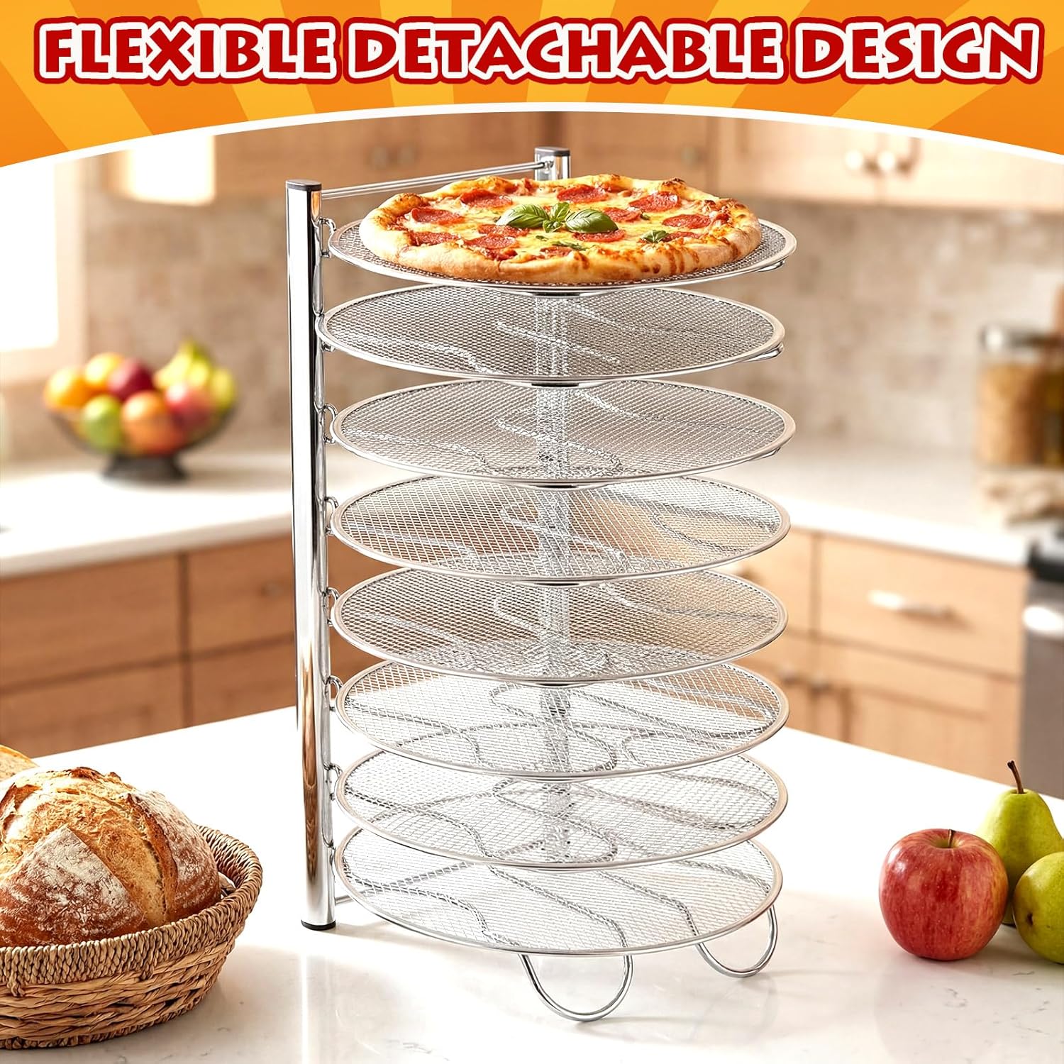 Pizza Rack 8 Tiered Stand 19.7" L x 9.8" W x 8.7" H Flexible Detachable Pizza Pan Rack Aluminum Baking Set for Easy Storage and Baking Multiple Pizzas