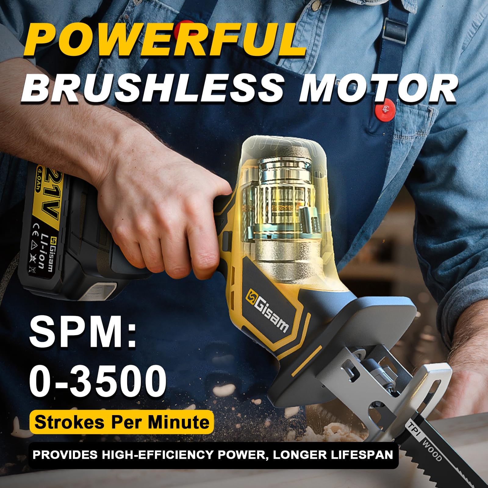 Gisam Sega a sciabola a batteria, 3500 SPM, silenzioso, motore brushless (con 1 batteria)