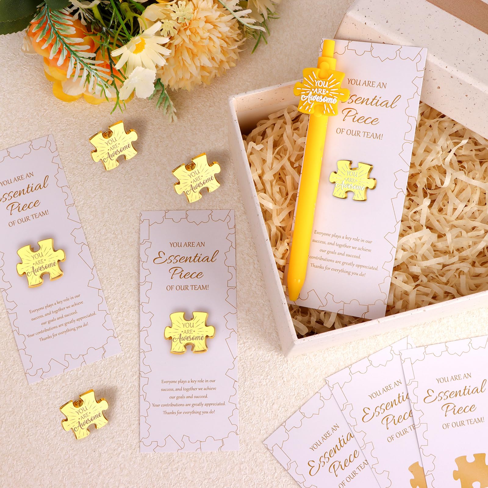 WWmily 48 Pcs Team Thank You Gifts for Employee of The Month Bulk Include Staff Appreciation Puzzle Piece Lapel Pins Inspirational Pens Cards Bags Well Done Favors for Colleague Men Women Students - Image 4