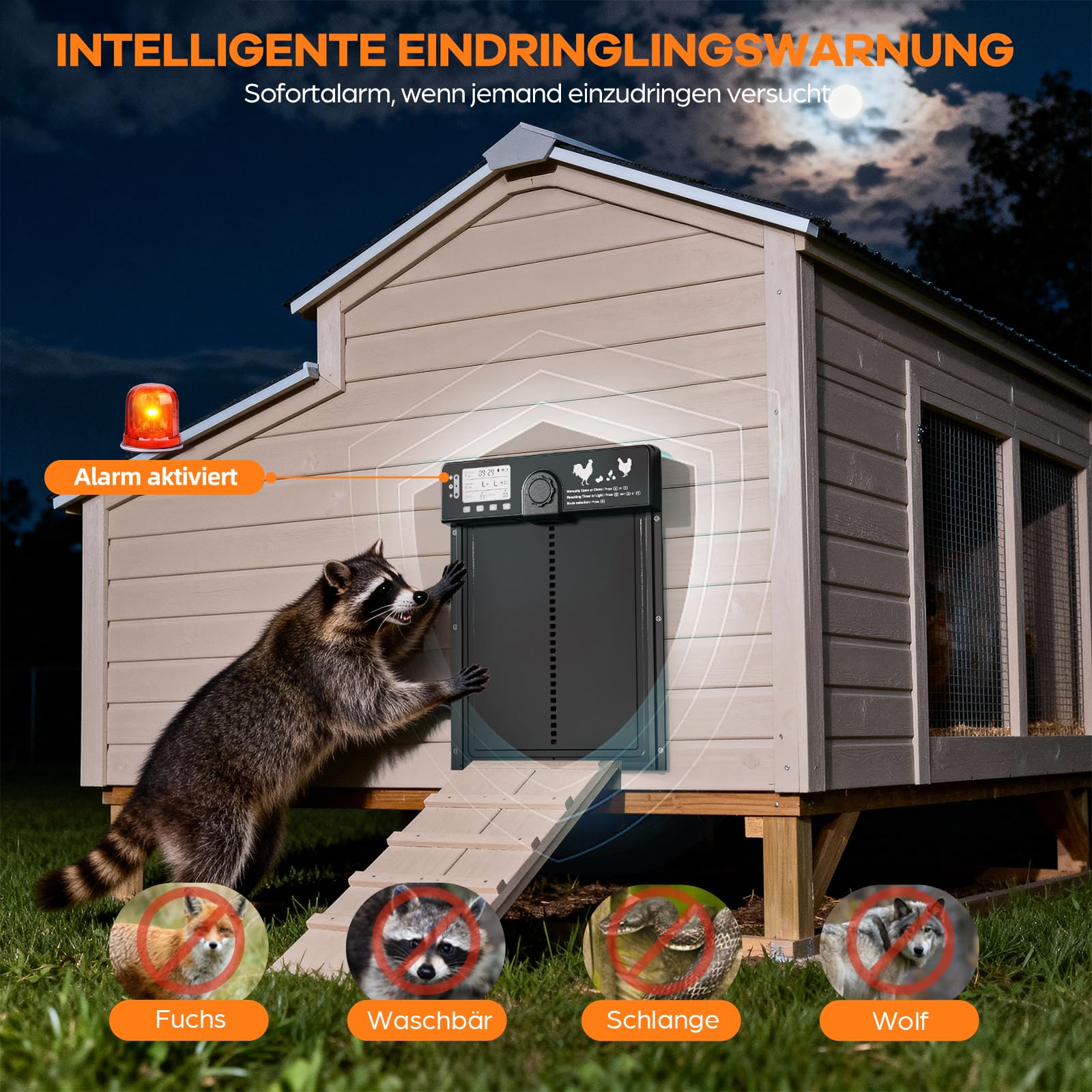 CHAMUTY Große Automatische Hühnerklappe Solar, Aluminum Elektrische Hühnerklappe Automatisch mit Lichtsensor, Zeitschaltuhr, LCD Display, 15M Fernbedienung, Intelligenter Einklemmschutz und Alarm