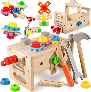 FAMKEEP Children's Tool Box, Coloured Wooden Tools, Educational Toy, Tool Box, Children's Montessori Toy, Motor Skills Toy from 2 3 4 5 Years Boys Girls