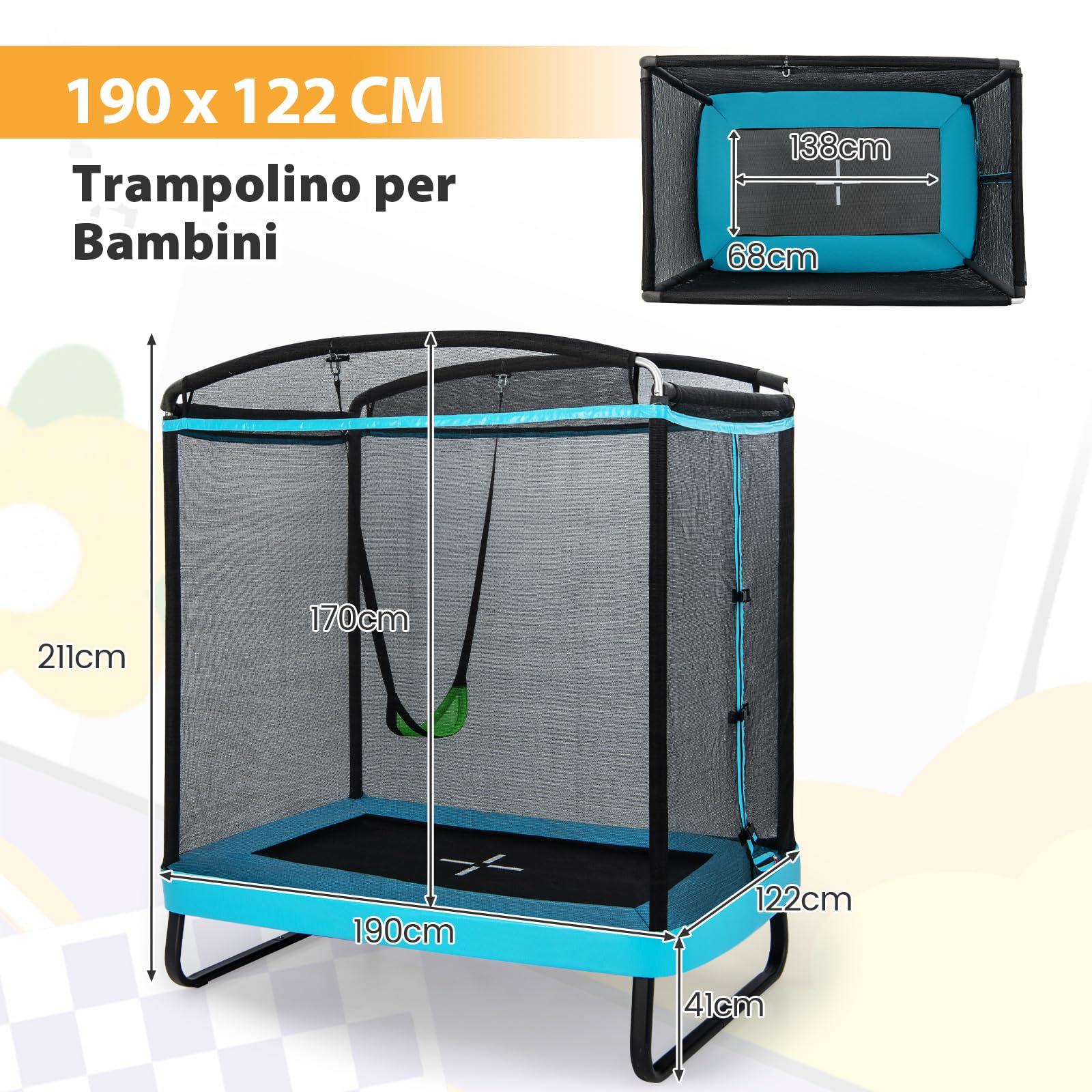COSTWAY Tappeto Elastico per Bambini da Esterno ed Interno, Trampolino Rettangolare 190CM con Altalena e Rete di Sicurezza per Bambini più di 3 Anni, Portata 100kg