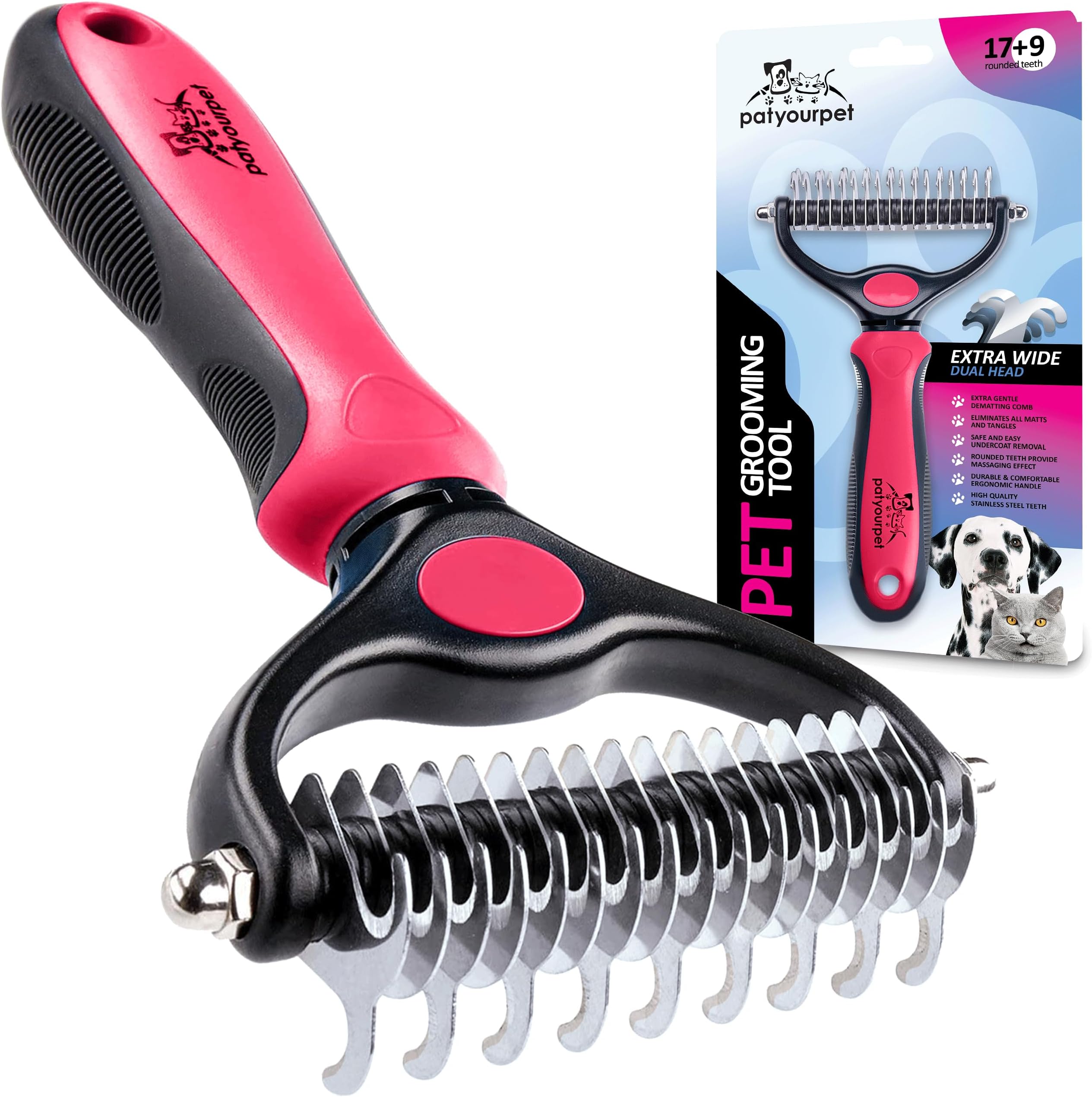 Pat Your Pet Deshedding Brush - Double-Sided Undercoat Rake for Dogs & Cats - Shedding Comb and Dematting Tool for Grooming, Extra Wide (Pink)