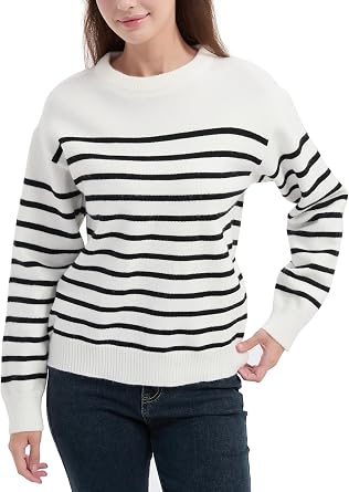 Tronjori Womens Striped Jacquard Crewneck Sweaters Pullover Casual Fall Winter Long Sleeve Knit Tops