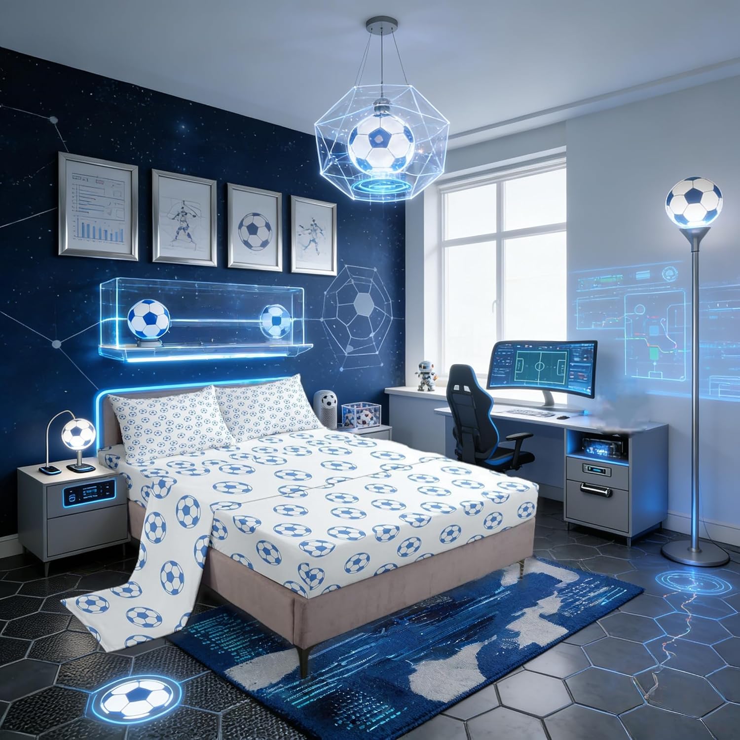 Manfei Soccer Bed Sheets Twin Size,Ball Sport Rugby Activity Easy Wash Bedding Set,Game Geometric Honeycomb Modern Kids Room Decor,White and Baby Blue Sheet(Fitted+Flat+1 Pillowcase)
