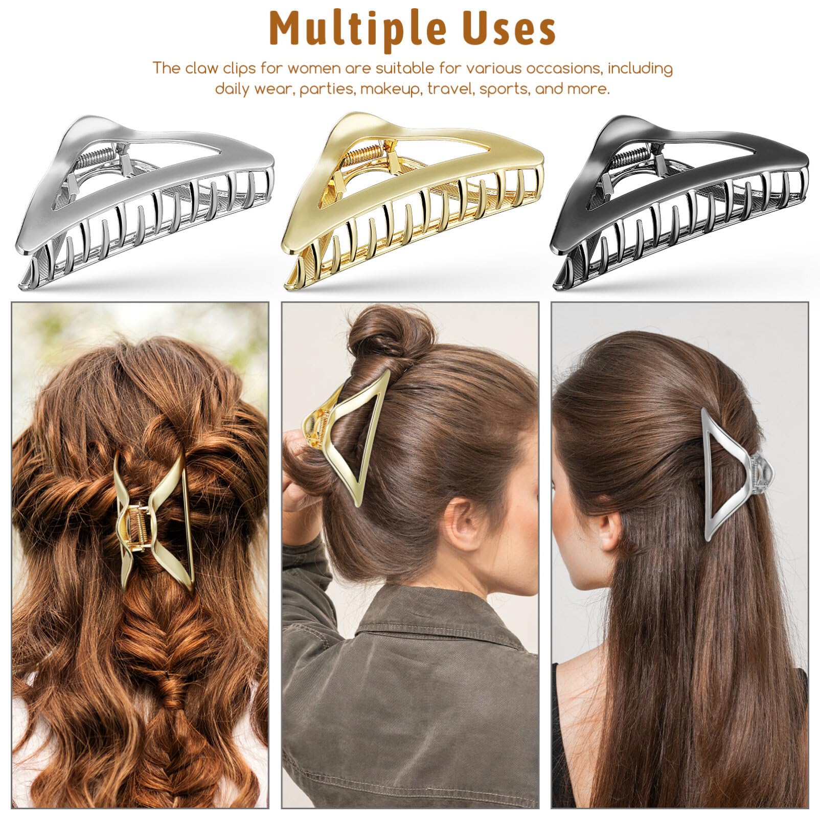 Beavorty 3 Pcs Hair Claw Hair Clips Triangle Hair Clips Metal Pearl Hair Claw Clips Strong Hold Large Jaw Clips for Women Girls Thick Medium Hair - Image 2